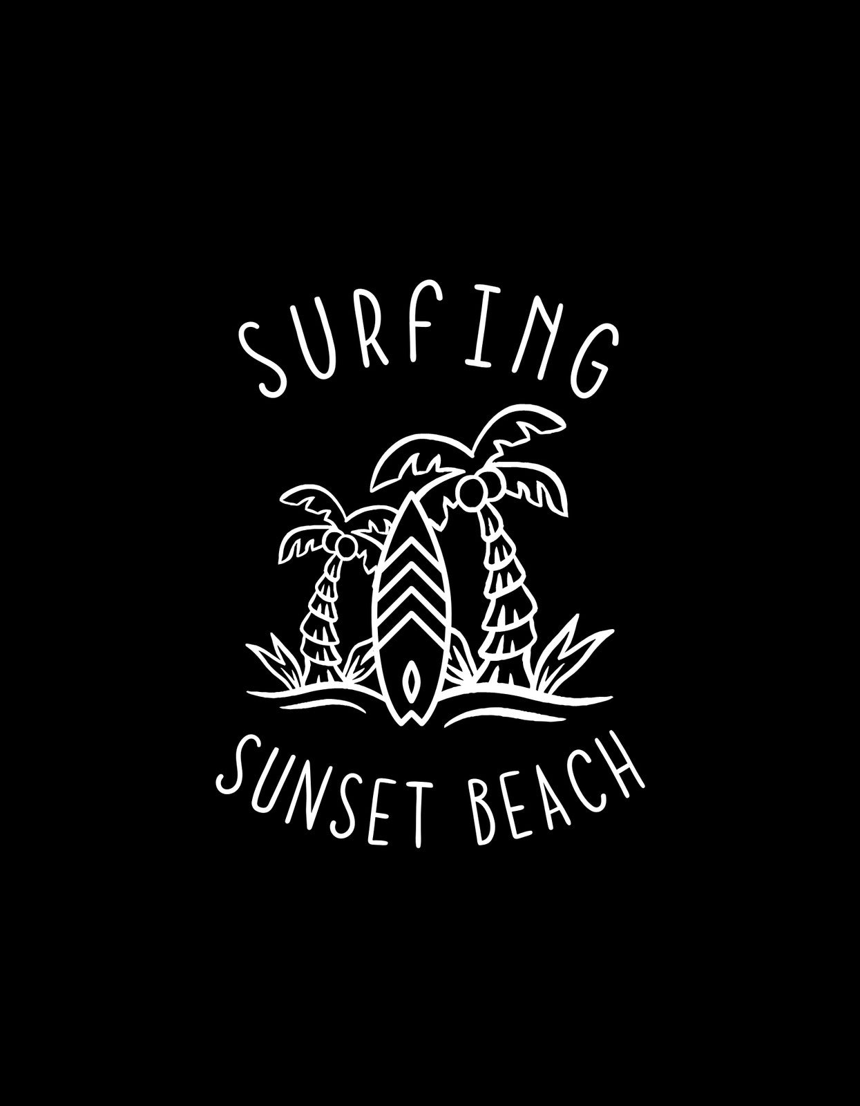 A képen egy letisztult fehér rajz látható fekete háttéren, amely egy szörfdeszkát ábrázol két pálmával, és a "Surfing Sunset Beach" felirattal.