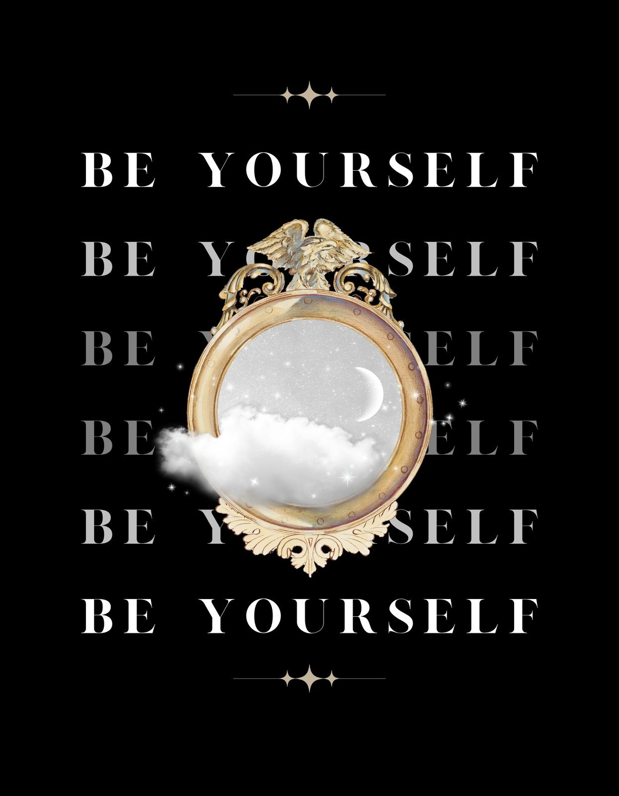 Egy önbizalmat sugárzó tervezés, középen egy díszes arany keretben egy hold és felhők láthatóak, amit a "BE YOURSELF" szöveg keretez.