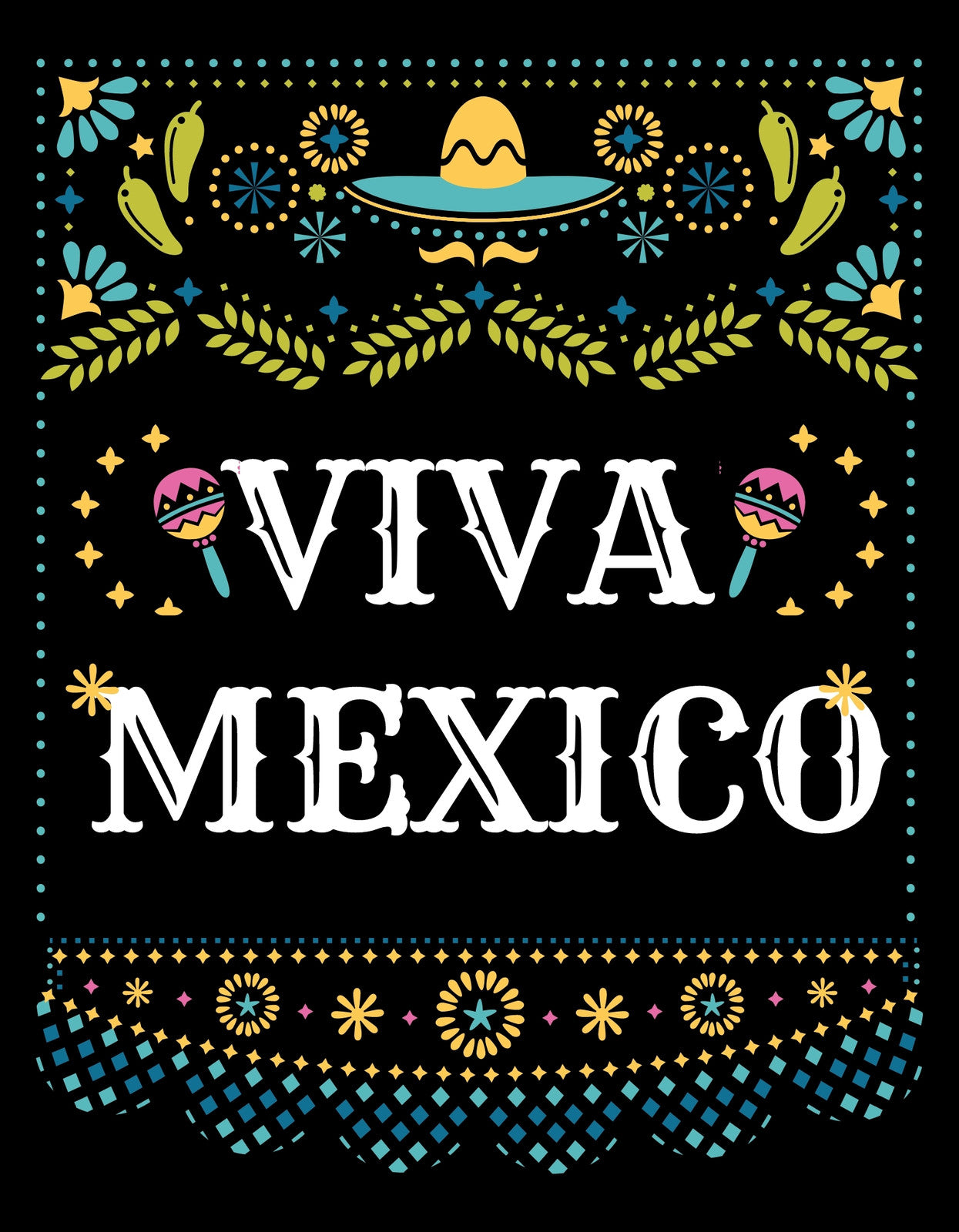 Mexikói ünneplés hangulatát sugárzó minta, amelyben egy sombrero és maracasok szerepelnek a "VIVA MEXICO" felirat körül, díszítve virágos és csillagos folklór elemekkel.