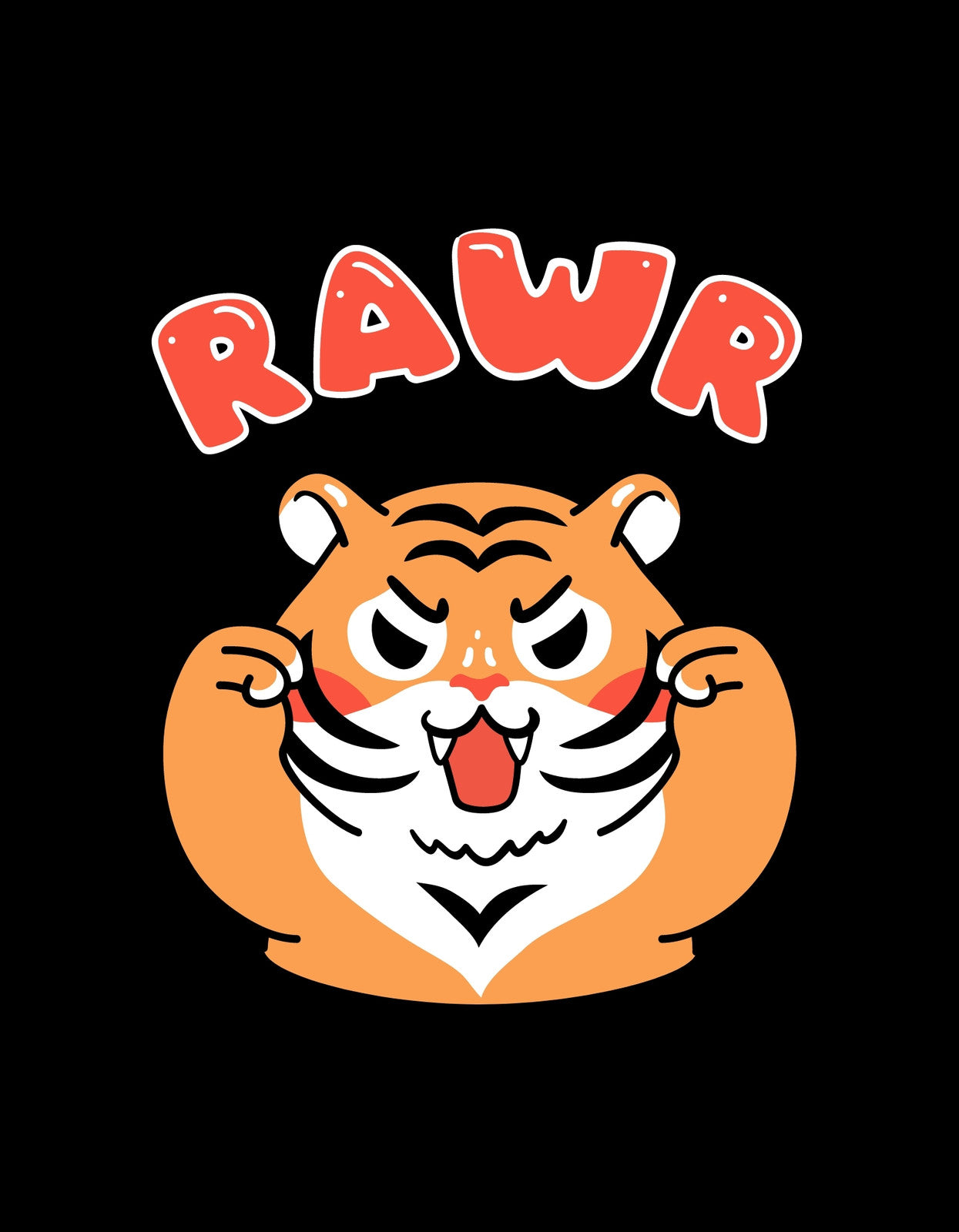 Egy erős, izmos tigris pózol, karjait feszíti és a "RAWR" felirat uralja a közepe táját, vidám és határozott kifejezéssel néz vissza ránk.