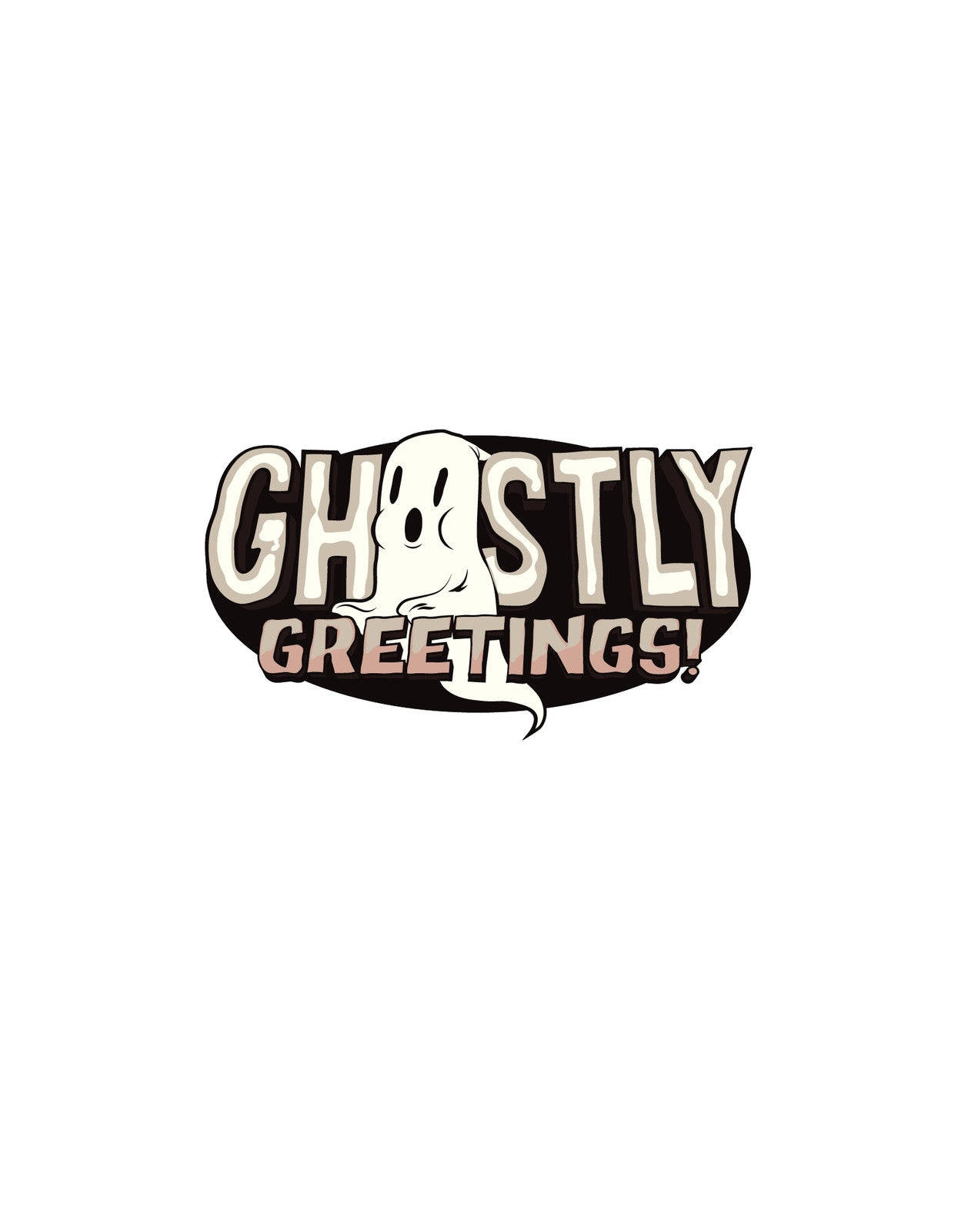 Egy barátságos szellem bukkan elő a "Ghastly Greetings" felirat mögül, mintha csak egy kabát lenne ráöltözve. A vidám szellemidézés és a játékos betűtípus halloweeni hangulatot áraszt.