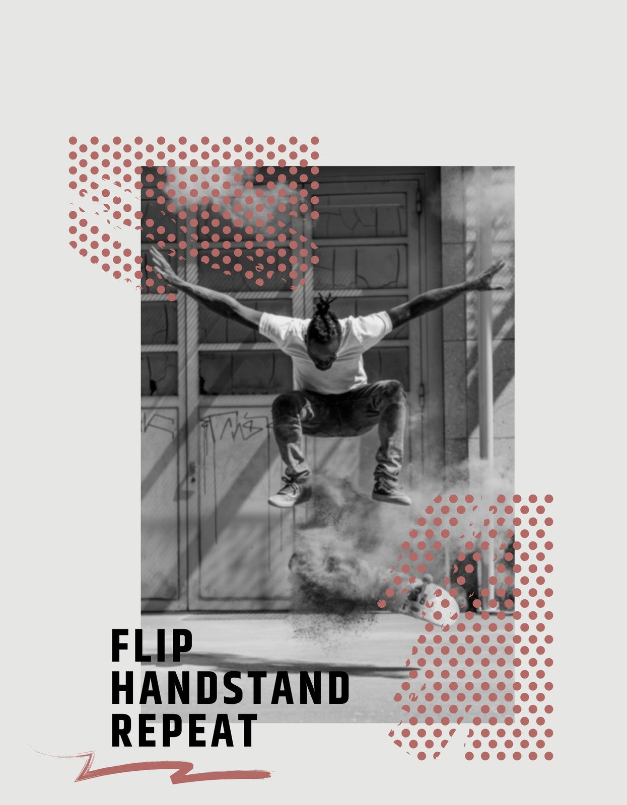 Egy lendületes kép, ahol egy személy éppen kézenállást végez, dinamikus mozdulatokkal és porfelhővel körülvéve. A design modernek és városi hangulatot áraszt.
