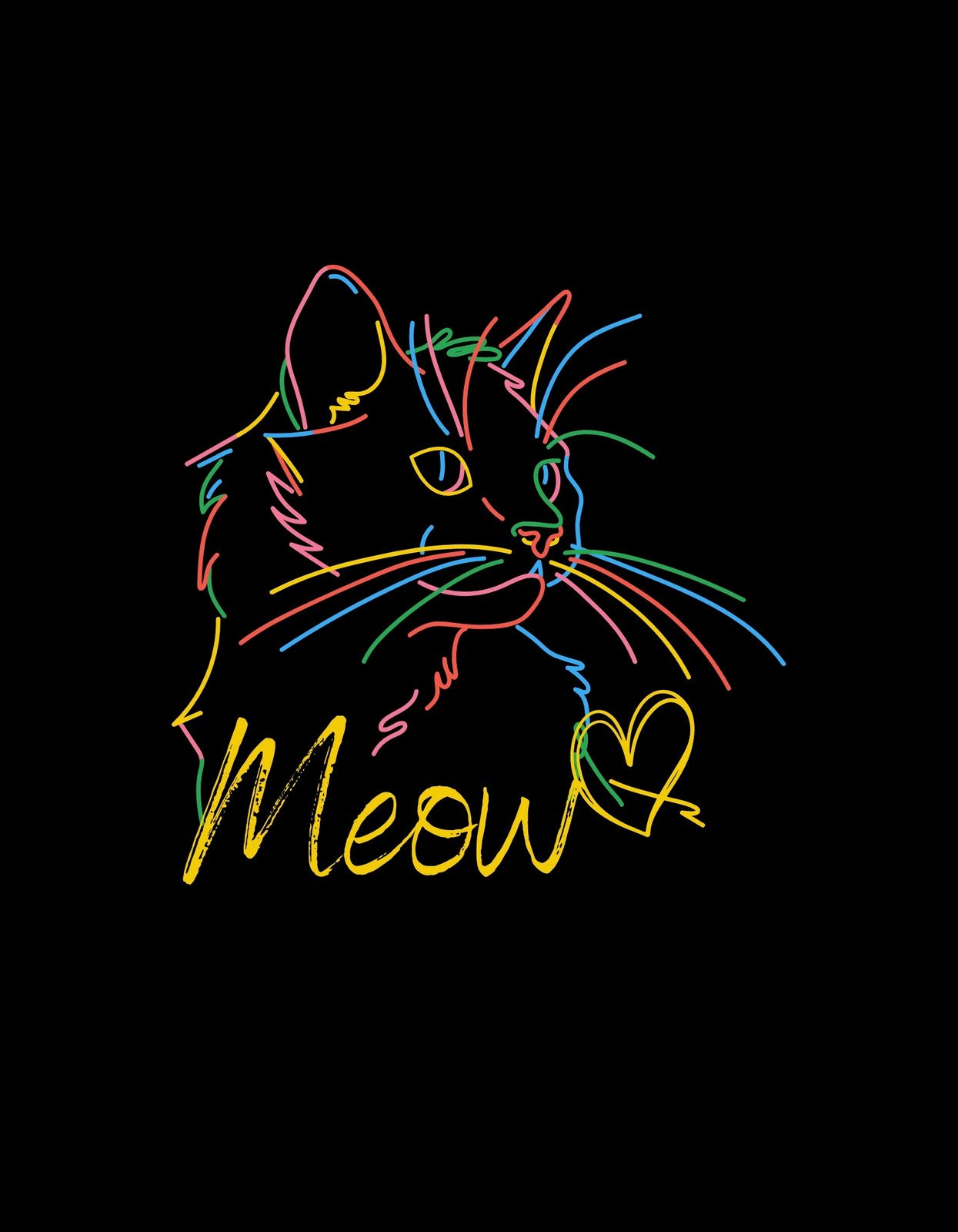 Egy színes kontúrvonalakkal ábrázolt cicás grafika, mely "Meow" felirattal és egy szívvel van ellátva.