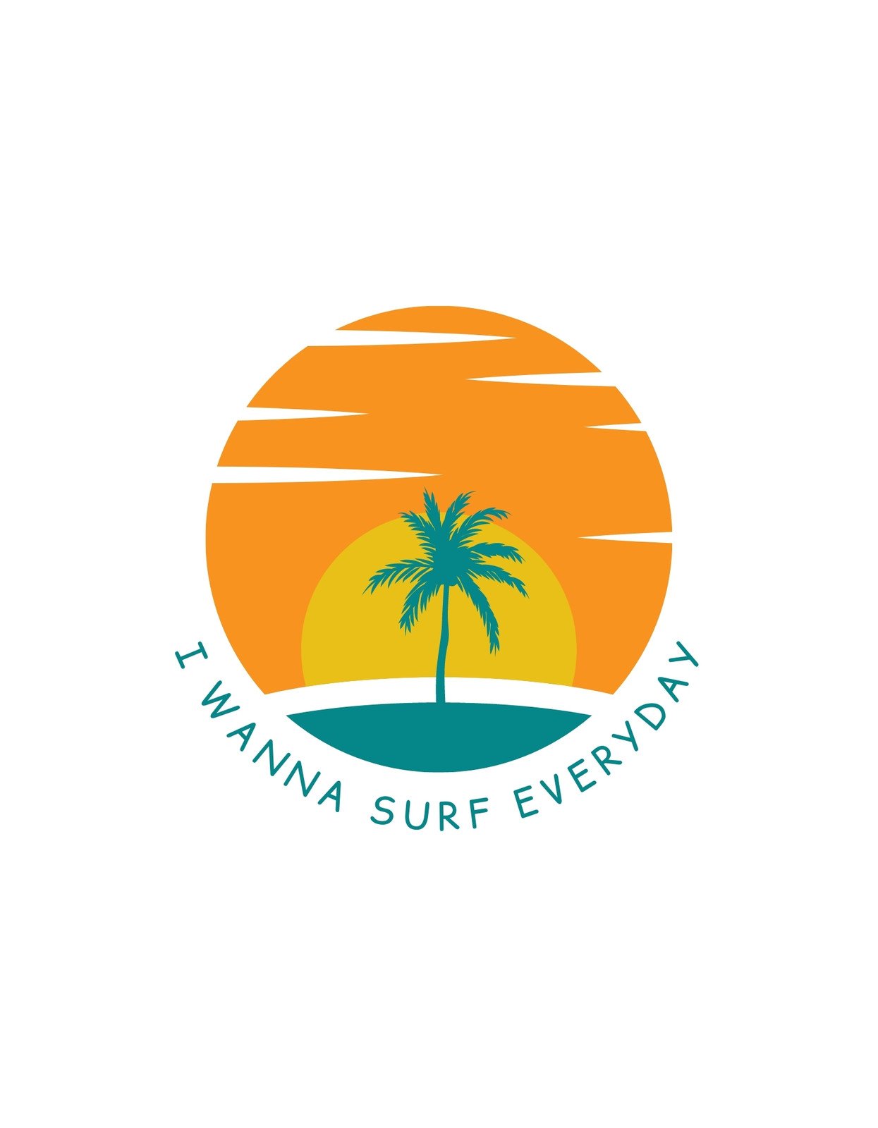 Egy trópusi hangulatot árasztó naplemente, egy pálmával és a "I WANNA SURF EVERYDAY" felirattal.