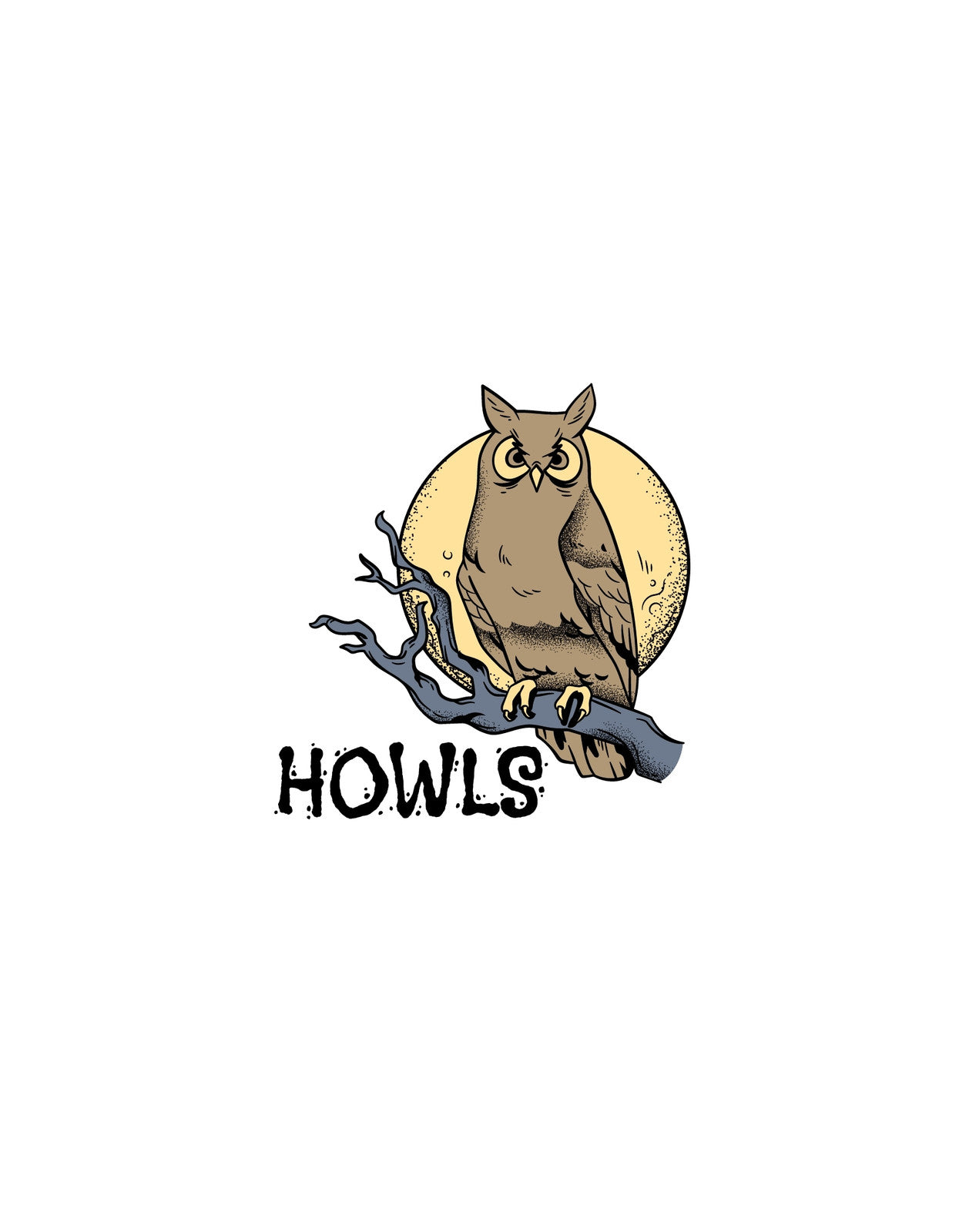 Egy misztikus hangulatú bagoly ül egy ágon, a hold fényében fürdőzve, az "HOWLS" felirat dramatikusan kiemelkedik alulról.