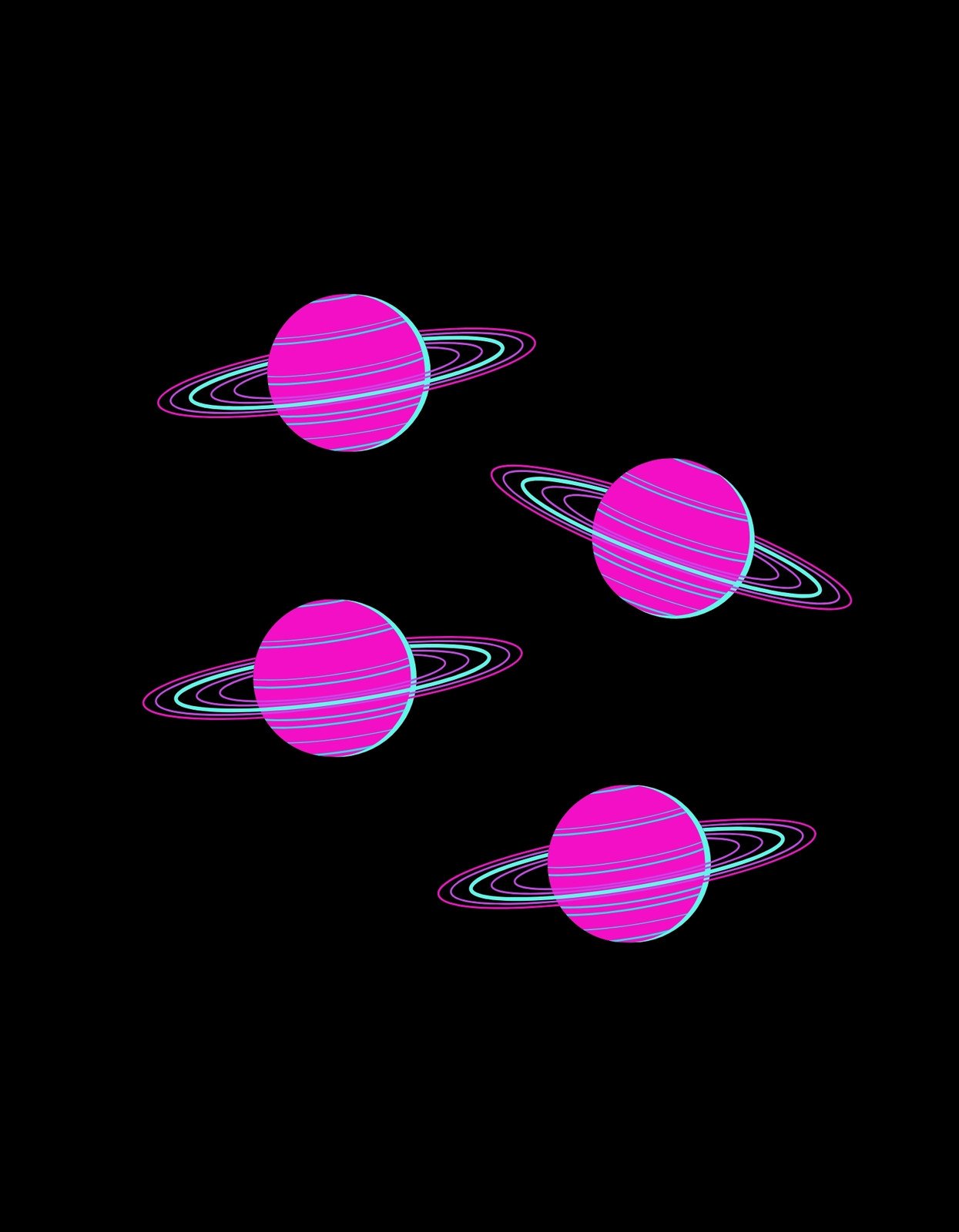 Négy vibráló színű bolygó díszíti a képet, kiemelkedő rózsaszín és halványkék csíkozással, ami egyedi, futurisztikus hangulatot kölcsönöz.