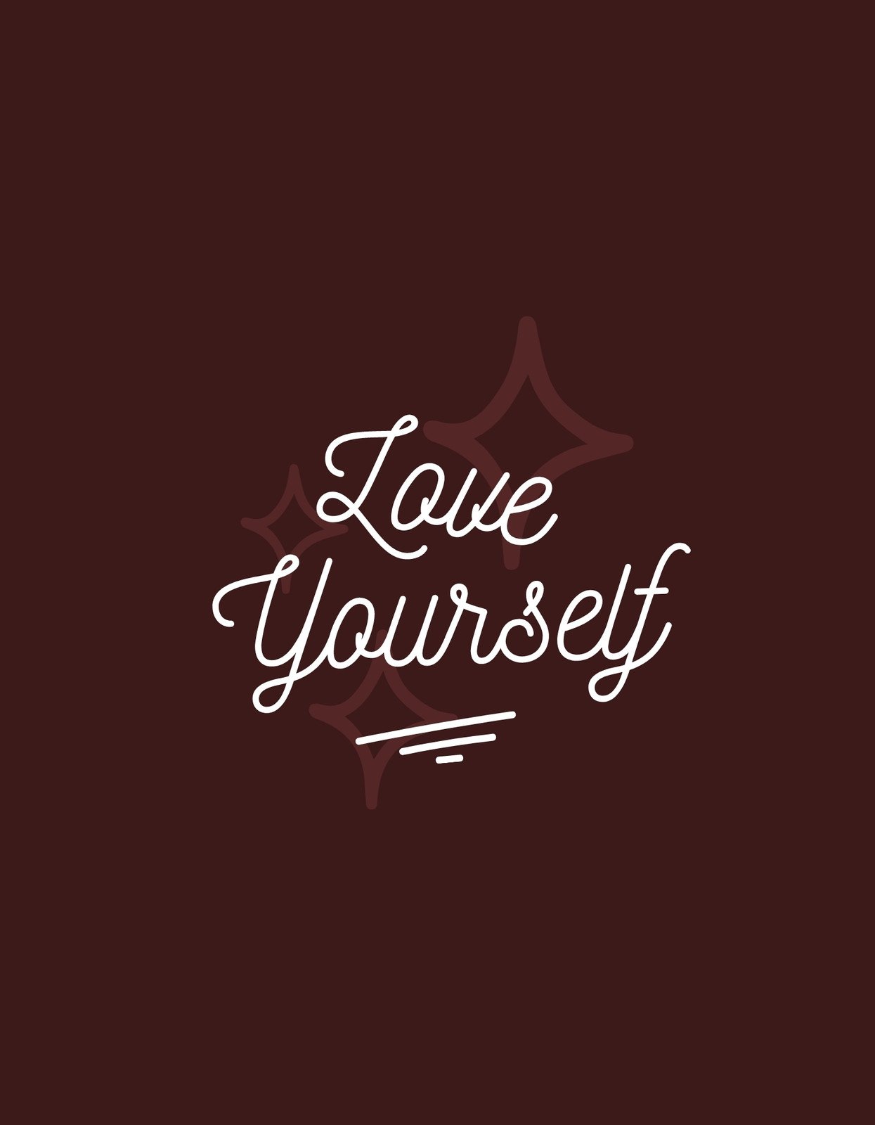 Egy egyszerű, mégis kifejező tervezés, amely a "Love Yourself" szöveget mutatja elegáns, fehér kalligráfiai betűstílussal sötét háttéren, ívelt vonalakkal és csillagokkal kiegészítve, ami inspiráló üzenetet közvetít.