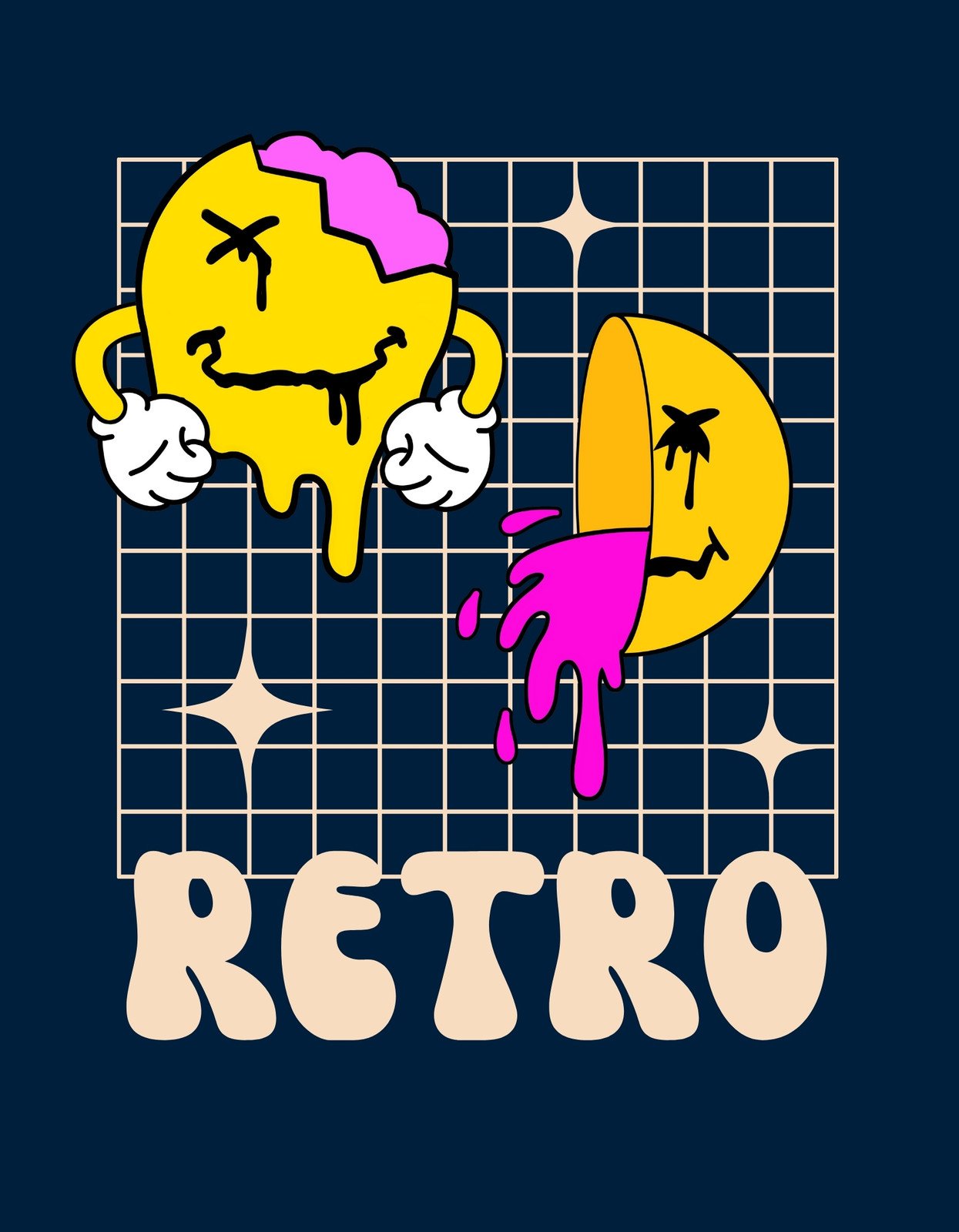 Színes, retro hangulatú grafika egy olvadó arc és egy félhold jelképpel, háttérben rácsos mintával és csillagokkal.