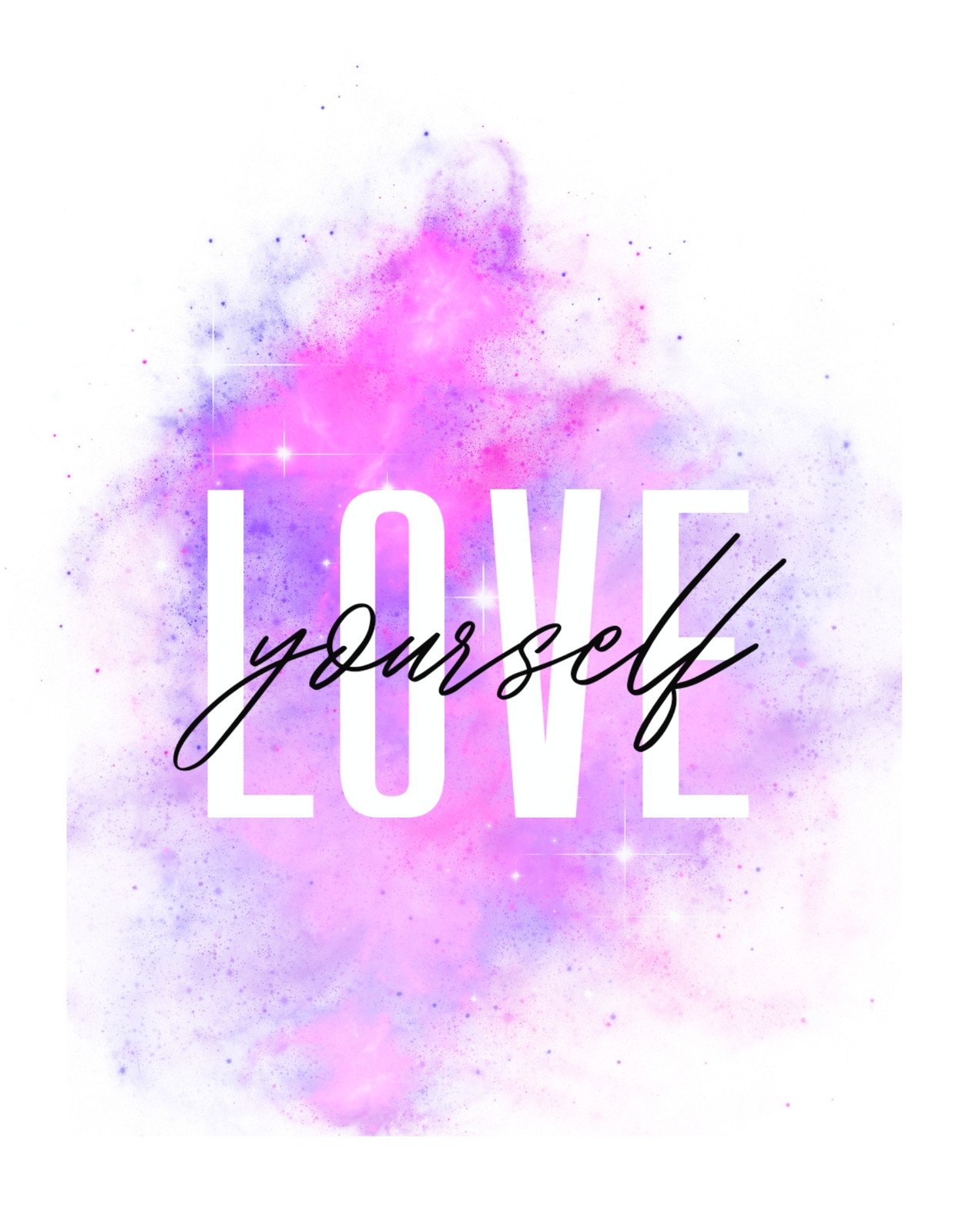 Egy lüktető színes ködpamacs háttér előtt a "Love Yourself" szöveg áll elegáns, modern betűtípussal. A design színei és fényei az önszeretet és önelfogadás pozitív üzenetét közvetítik.