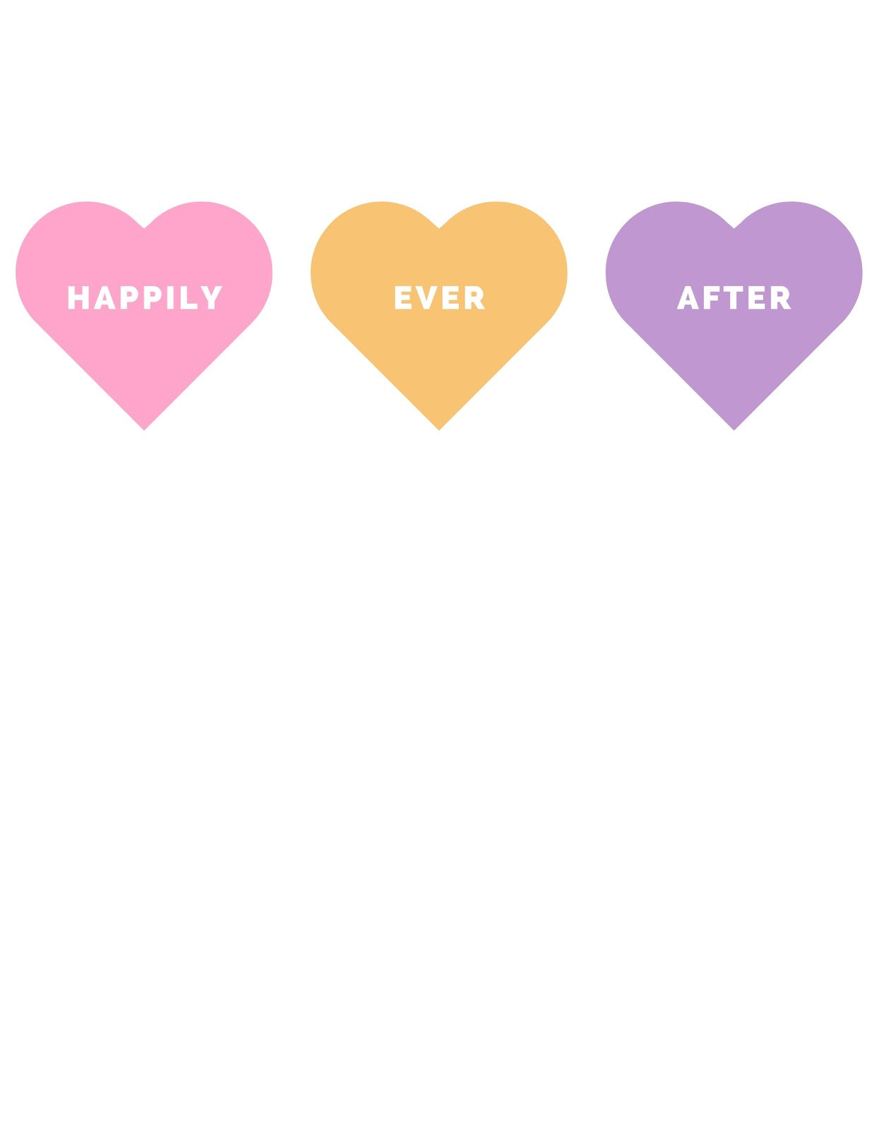 Ez a kép három szív alakú, különböző színű ikont ábrázol egymás mellett, melyeken a "Happily", "Ever" és "After" szavak olvashatók, összefüggő üzenetet képezve.