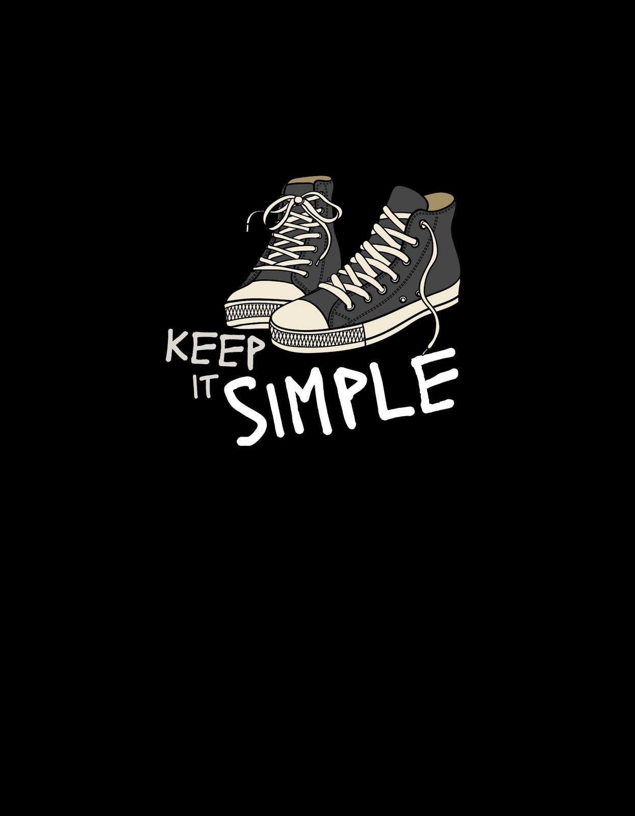 Egy pár klasszikus, magas szárú edzőcipőt ábrázol a kép, fekete hátteren, a "KEEP IT SIMPLE" felirattal alul. A minimalista design és a letisztult vonalak a stílusos egyszerűséget hangsúlyozzák.