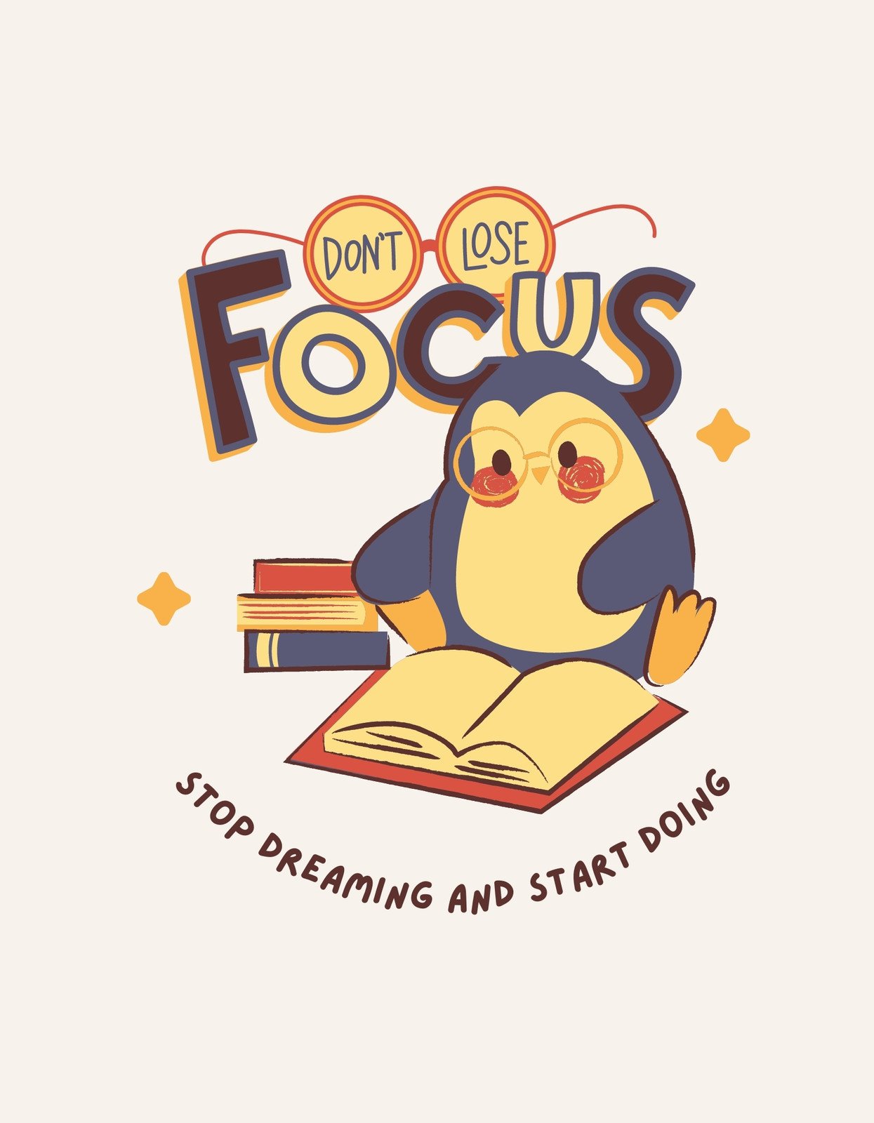 Egy aranyos és motiváló bagoly szemüvegben, aki olvasás közben tanulmányoz. A bagoly felett kiemelkedik a "DON'T LOSE FOCUS" felirat, ami körvonalas betűkkel kiemeli a fókusz fontosságát, miközben élénk színek és csillagok teszik játékossá az összképet.