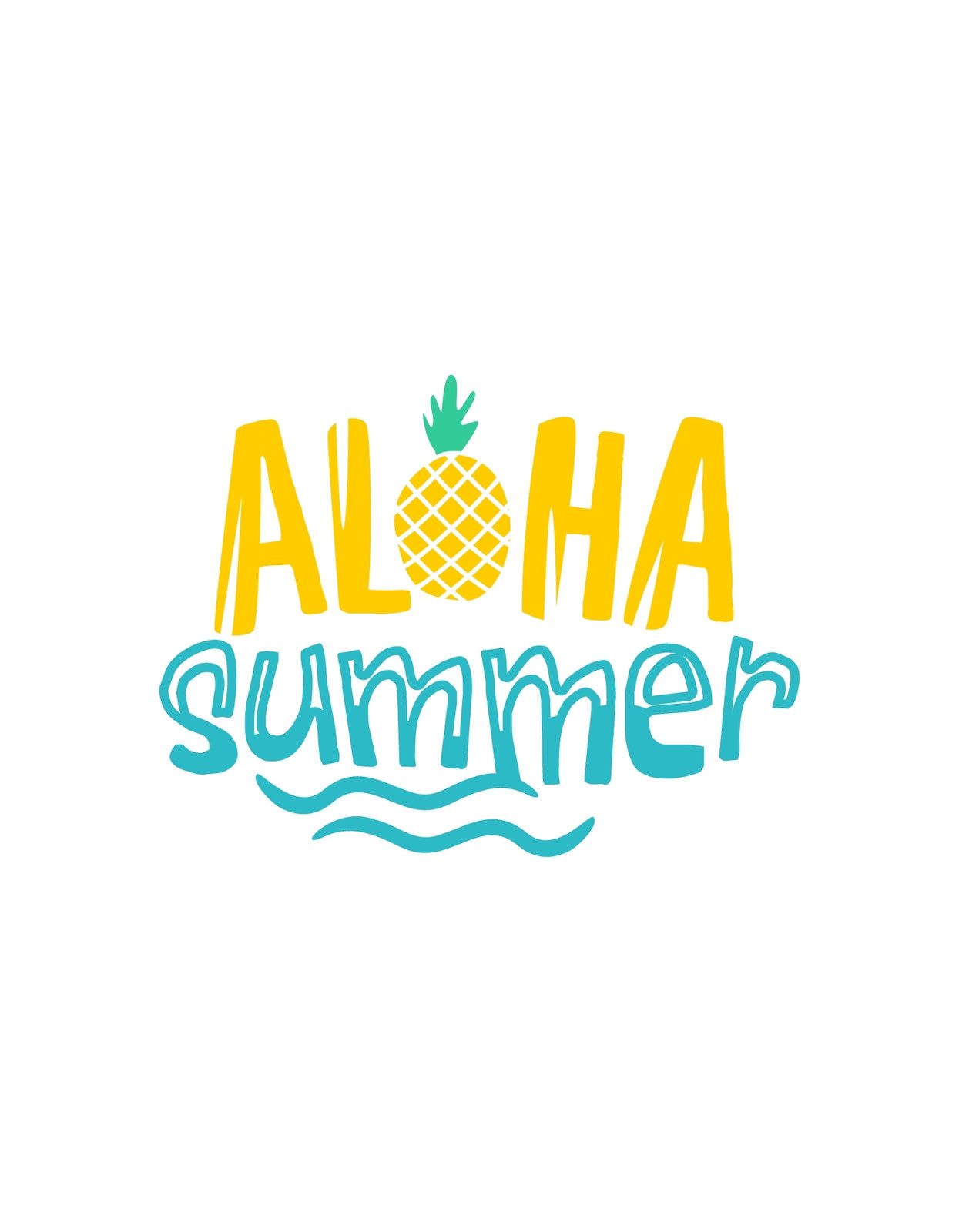 Vidám, nyári hangulatú dizájn, amely az "ALOHA summer" feliratot és egy ananászt ábrázol, színes betűkkel, hullámokkal kiegészülve.