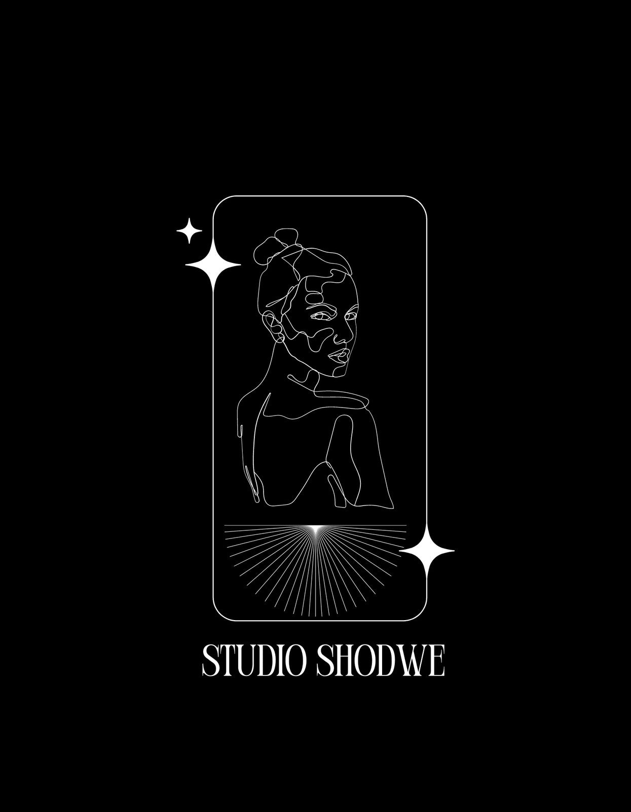 Egy minimalista, line art stílusú női portré, amely eleganciát és modernséget sugároz fehér vonalakkal egy sötét háttéren. Csillagmotívumok és geometrikus elemek díszítenek.