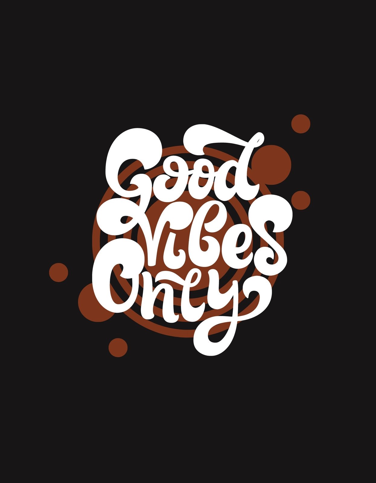 Egy modern és lendületes grafikával tervezett felirat ragyog ezen a sötét háttér előtt, mely a "Good Vibes Only" szöveget jeleníti meg. A design pozitív energiát és a jó hangulatot sugároz.