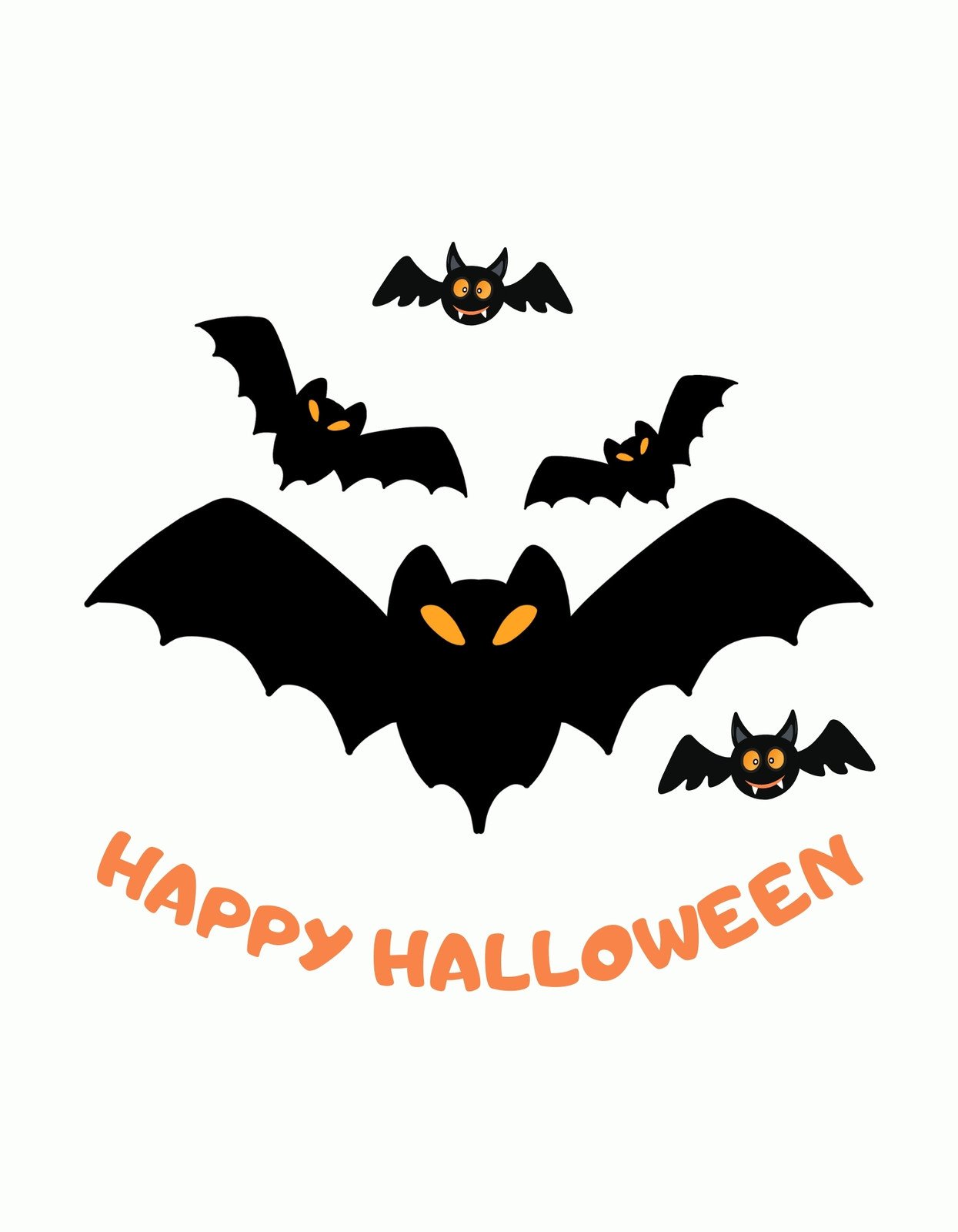 Vidám denevérek csoportja repül a "Happy Halloween" felirat körül, közülük az egyik nagyobb és kiemelkedik a többi közül. A dizájn játékos hangulatot áraszt, tökéletes választás lehet a Halloween ünneplésére.