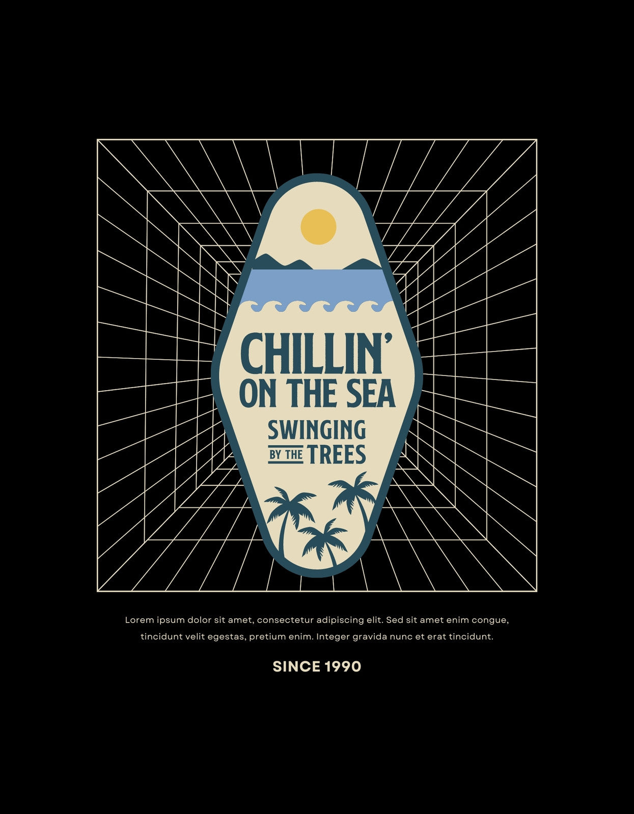 Egy szörfdeszkára emlékeztető, vintage hangulatú dizájn, mely egy tengerparti naplementét ábrázol, pálmafákkal és a "CHILLIN' ON THE SEA SWINGING BY THE TREES" felirattal.