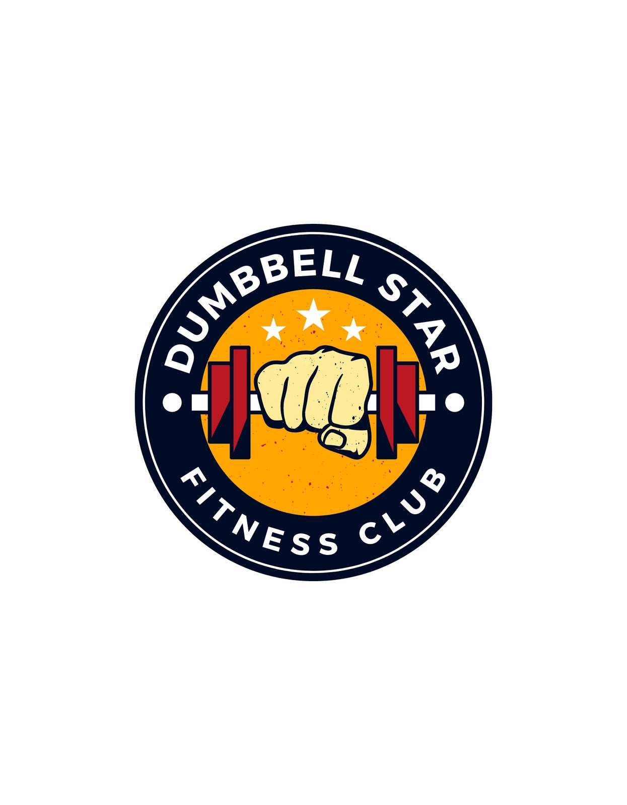 Egy markáns ököl zárja össze a súlyzót egy sárga háttér előtt, körötte felirat hirdeti a "Dumbbell Star Fitness Club"-ot egy klasszikus, jellegzetes embléma formájában.