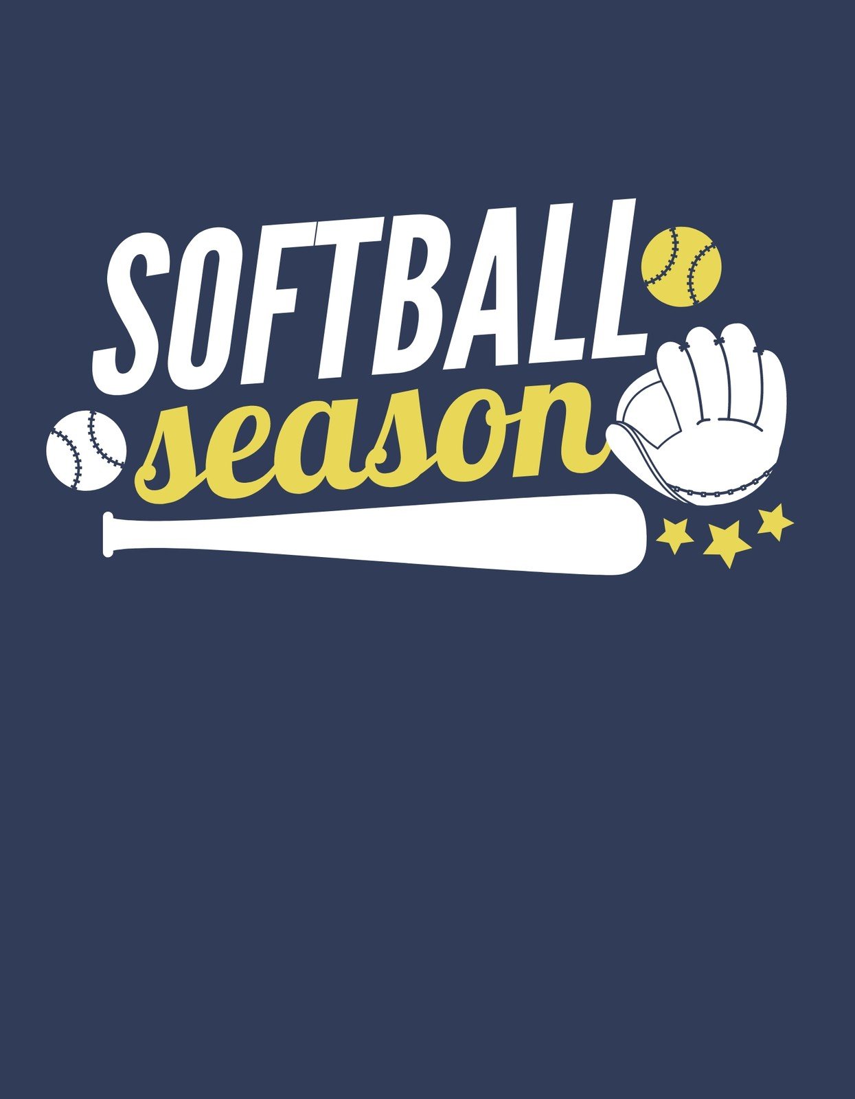 Sötét háttér előtt egy baseball ütő, labda és kesztyű ábrázolva, kiegészítve a "SOFTBALL SEASON" felirattal, mely sportos lendületet sugall.