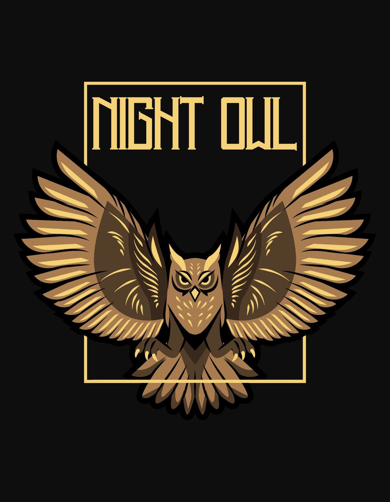 A képen egy aranyszínű bagoly látható, szélesre tárva hatalmas szárnyait egy ébenfekete háttér előtt, a "NIGHT OWL" felirattal a kép tetején.