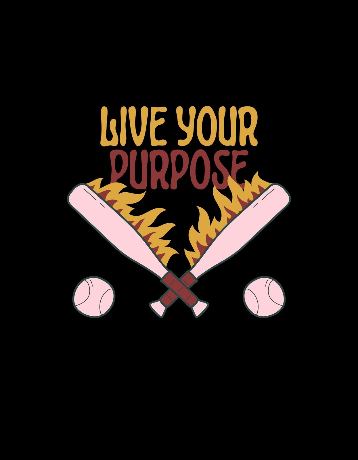 Egy baseballütőkből és labdákból álló keresztrejtvény, melynek közepén a "Live Your Purpose" felirat égő betűkkel tűnik ki, sugárzó energia és elszántság üzenetét közvetítve.