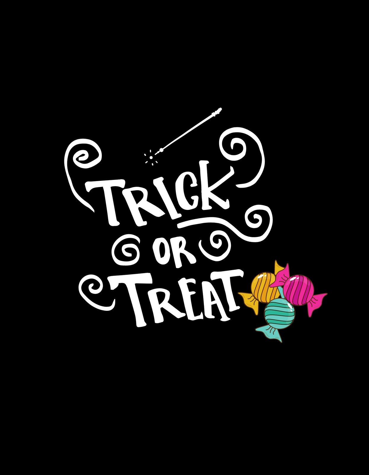 A képen egy jellegzetes Halloween felirat látható, "Trick or Treat" szöveggel, egy seprűvel és színes cukorkákkal díszítve, fekete háttér előtt.