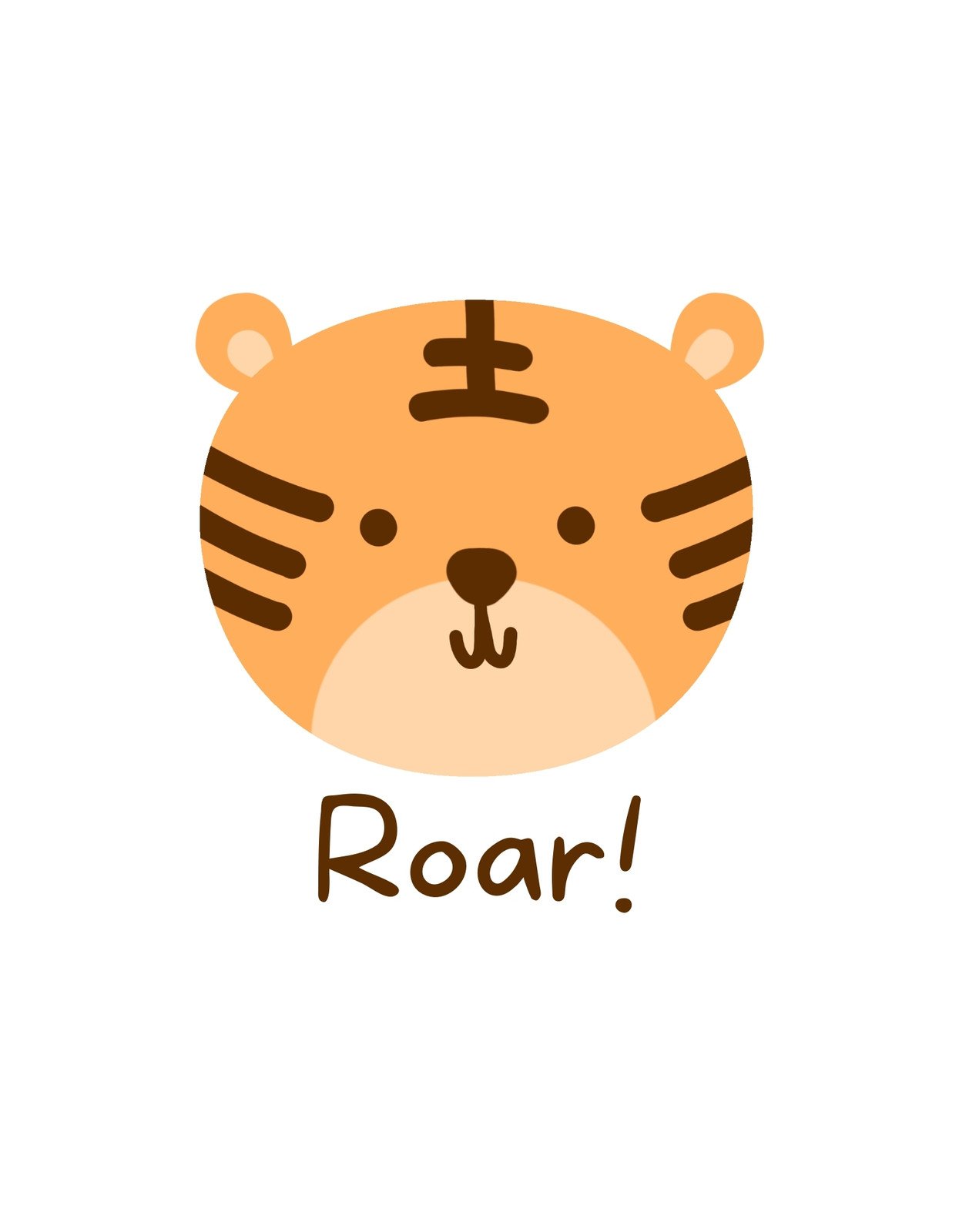 Egy aranyos tigrismackó arcát ábrázoló tervezet, amely barátságosan néz vissza rád, felirattal, hogy "Roar!"