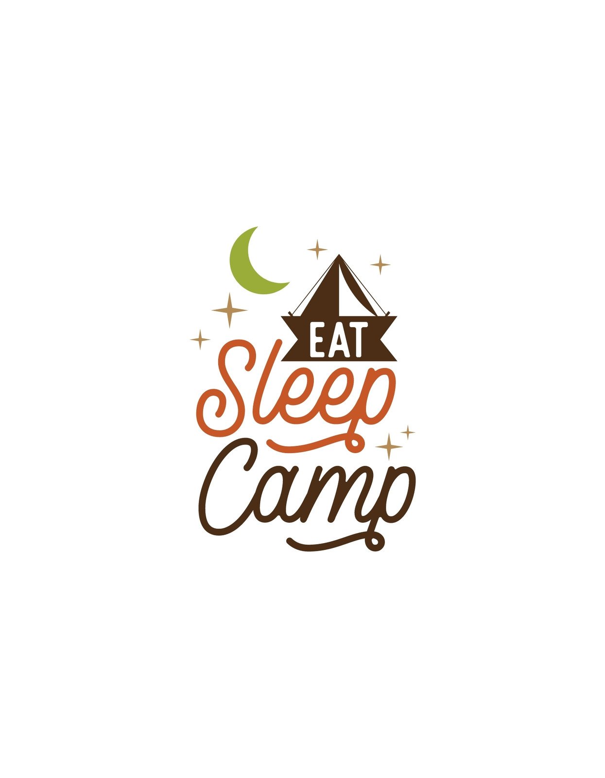 Egy stílusos dizájn, ami a szabadtéri kemping élményét idézi meg, "Eat Sleep Camp" felirattal, egy sátor képével és csillagokkal, valamint hold ikonnal.