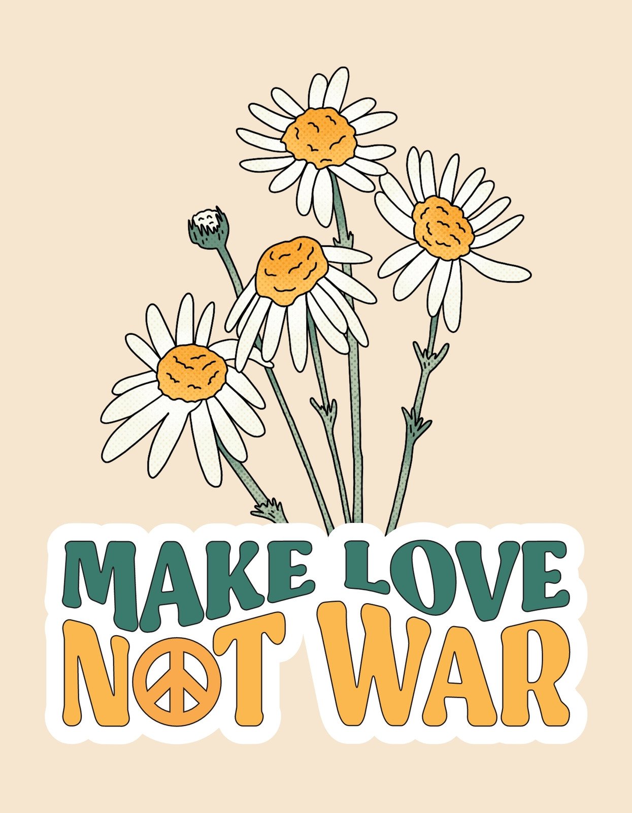 Szívmelengető margaréták hívják fel a figyelmet a békés üzenetre: "Make Love Not War". A természet és a harmónia sugárzása köszön vissza a képről, mely a béke és szeretet fontosságát hangsúlyozza.