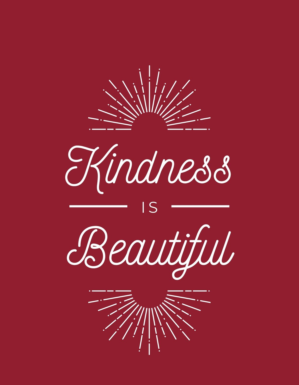 A képen egy melegséget árasztó dizájn található, mely a "Kindness is beautiful" ("A kedvesség gyönyörű") feliratot ábrázolja stilizált nap sugaraival körülvéve.