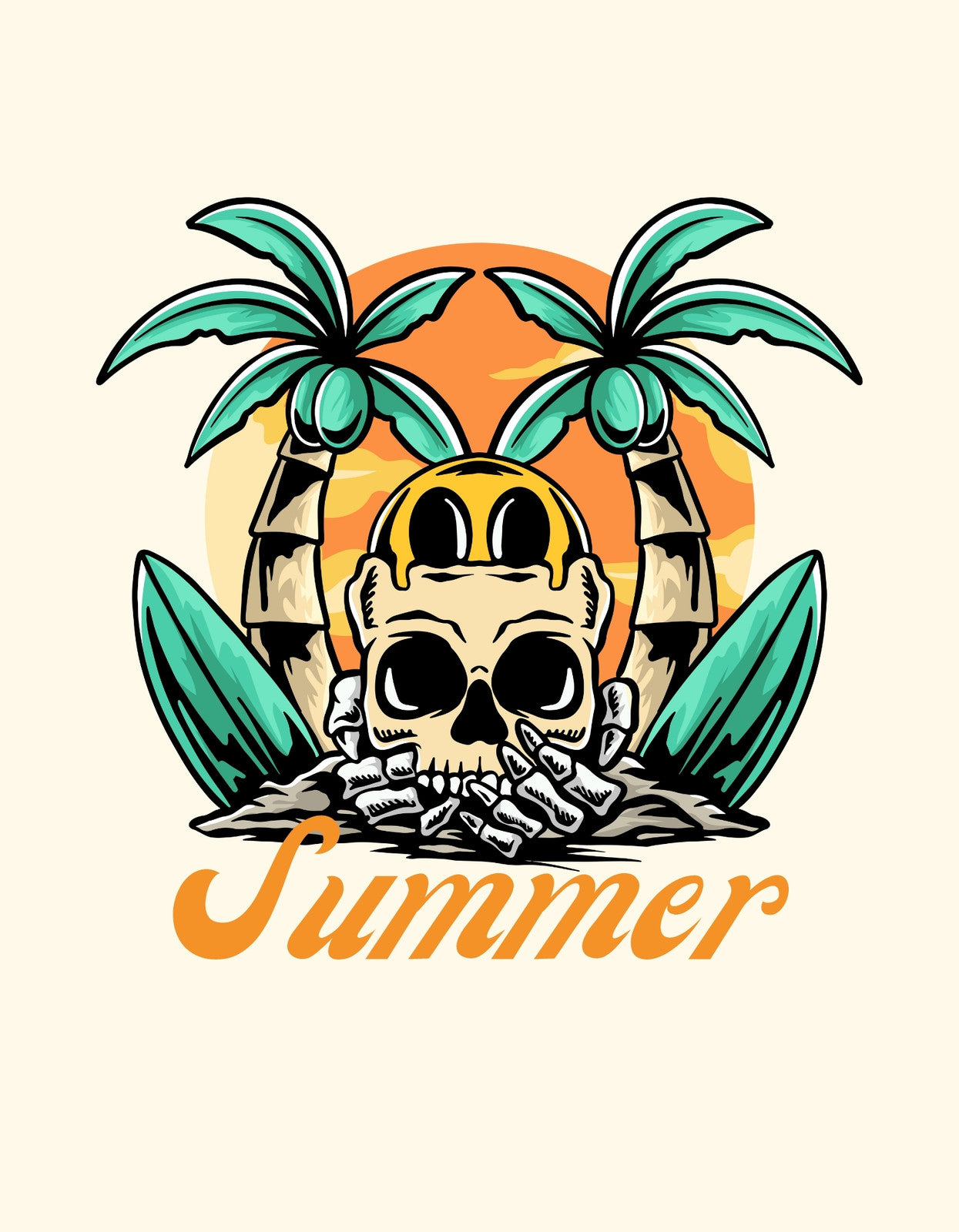 Egy dinamikus grafika, mely egy koponyát ábrázol két pálmafával és szörfdeszkákkal, mindezt egy naplemente-szerű háttér előtt, az alján a "Summer" felirattal.