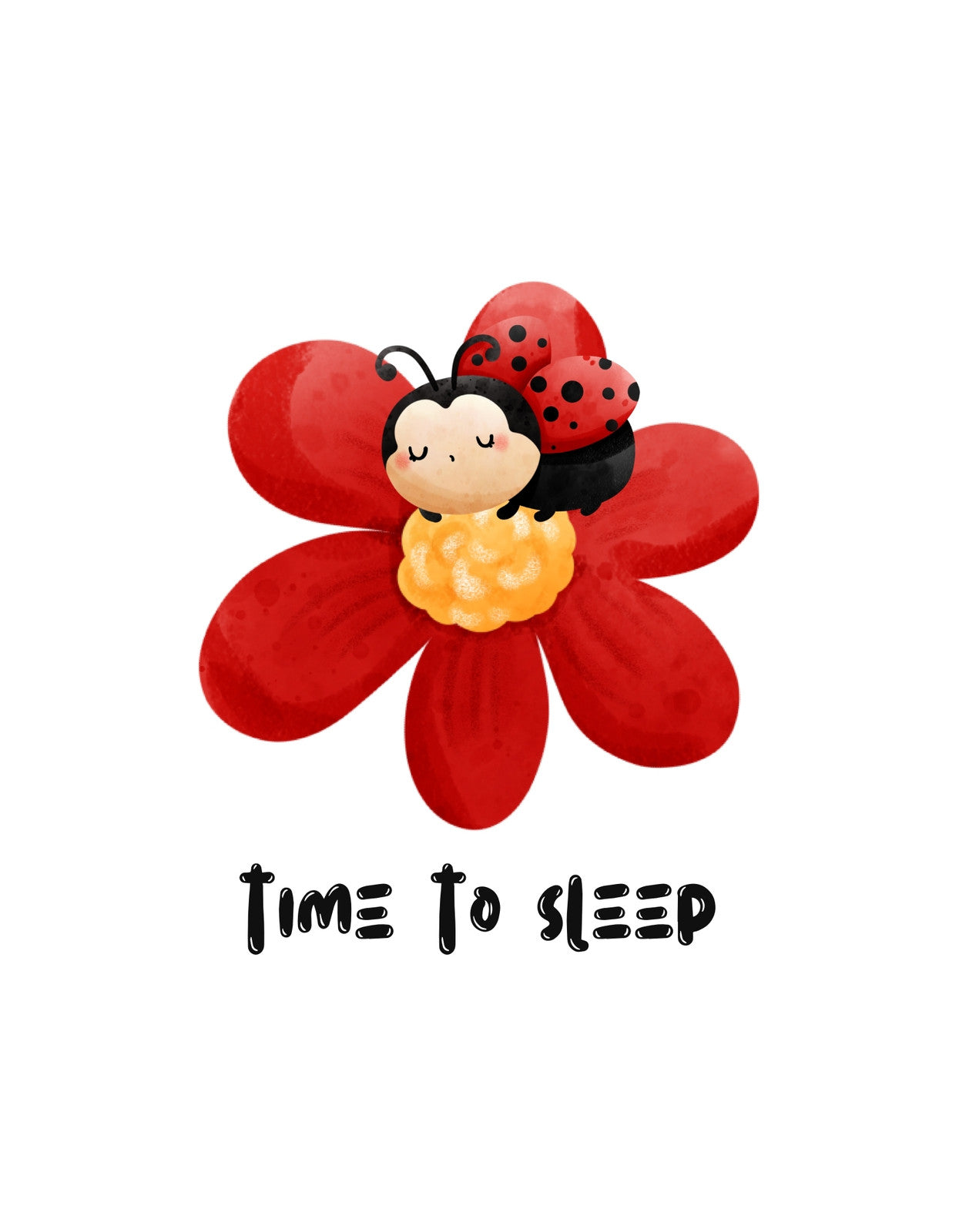 Egy bájos katicabogárt ábrázol ez a kép, amint édesdeden szundikál egy virágon. A designban a "Time to Sleep" felirat olvasható, ami a pihentető, nyugodt hangulatot erősíti.