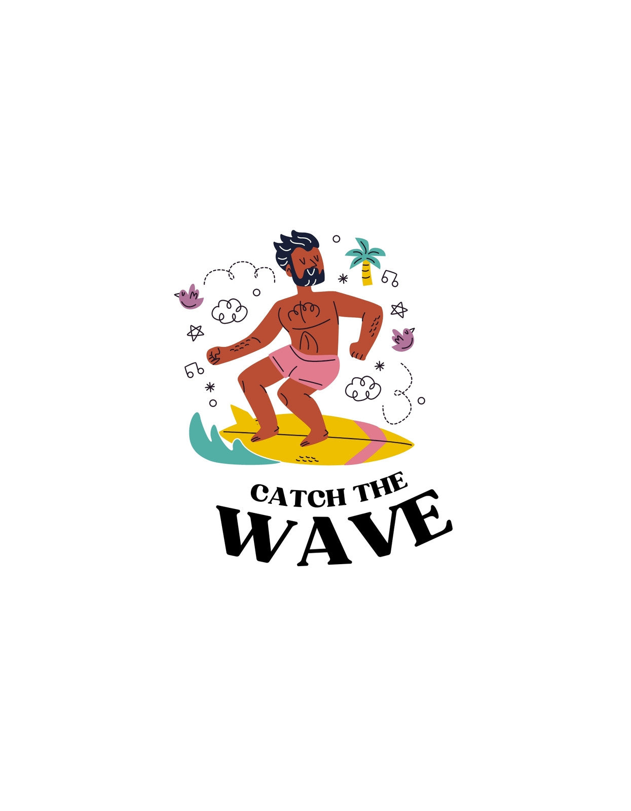 Egy lendületes szörfös figura látható a képen, amint egy színes hullámon lovagol, körülötte vidám motívumokkal és a "Catch the Wave" felirattal.