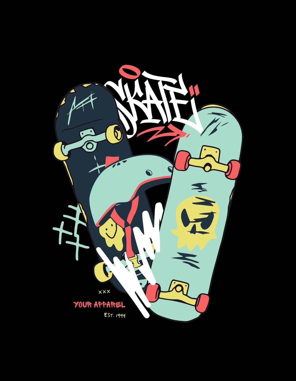Két dinamikusan elrendezett gördeszka, színes graffiti stílusú elemekkel és "Skate" felirattal. A design a szabadság és a városi életérzés jegyeit hordozza.