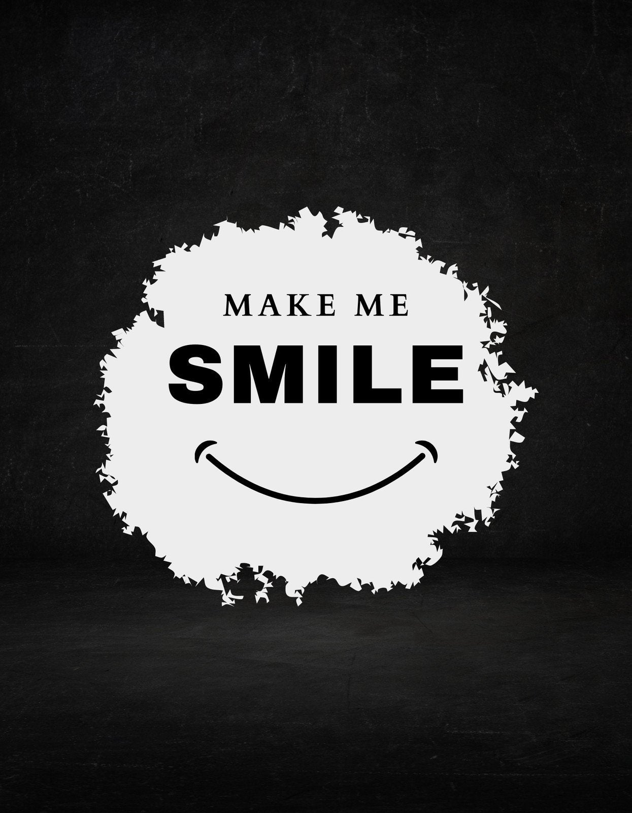 Egy egyszerű, mégis ütős design, amely egy fehér "MAKE ME SMILE" feliratot ábrázol egy mosolygó arc formájában fekete háttérrel.