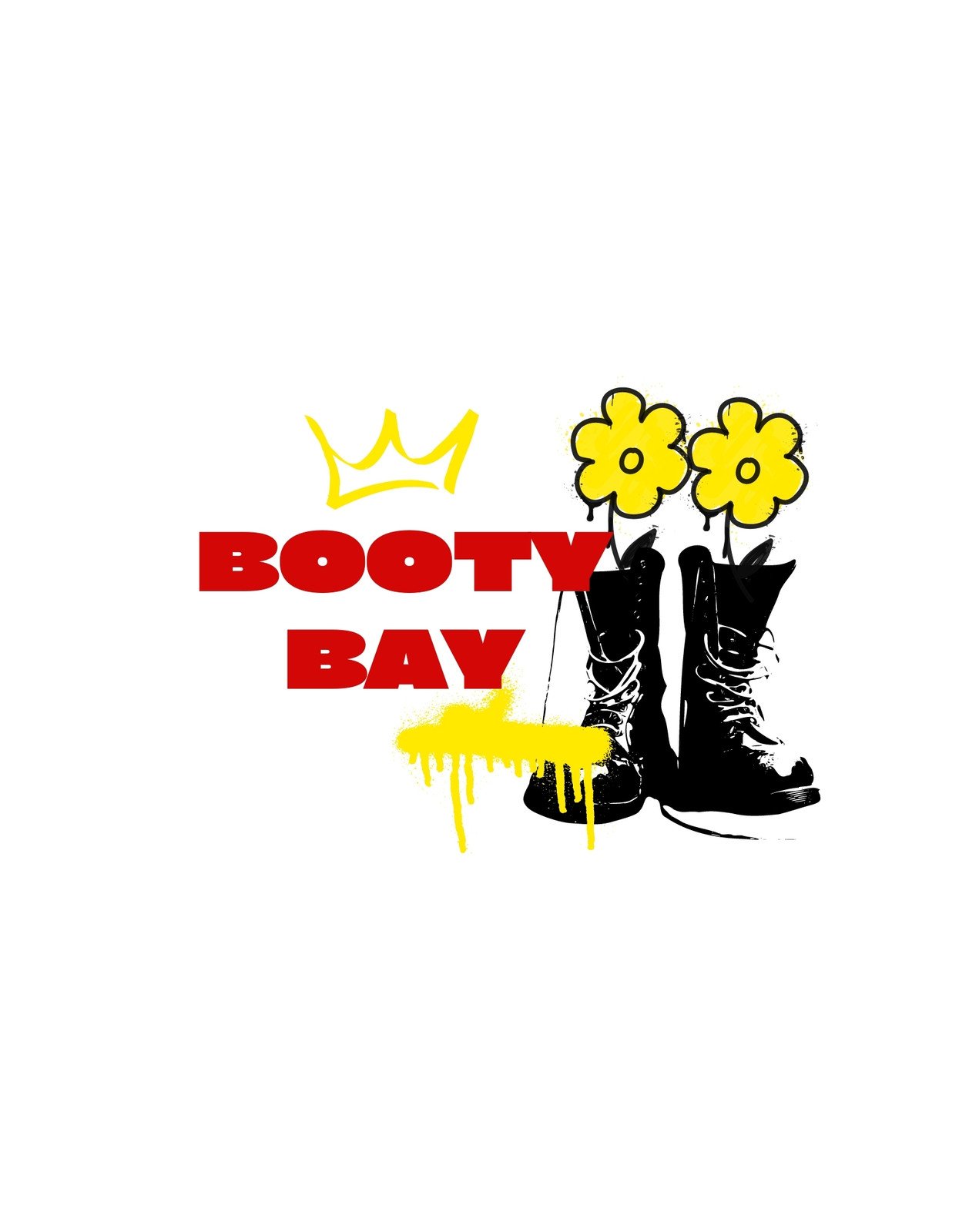 Egy bakancsot ábrázoló kép, melyből virágok nőnek ki, felette egy korona és a "BOOTY BAY" felirat látható vidám, lázadó stílusban.