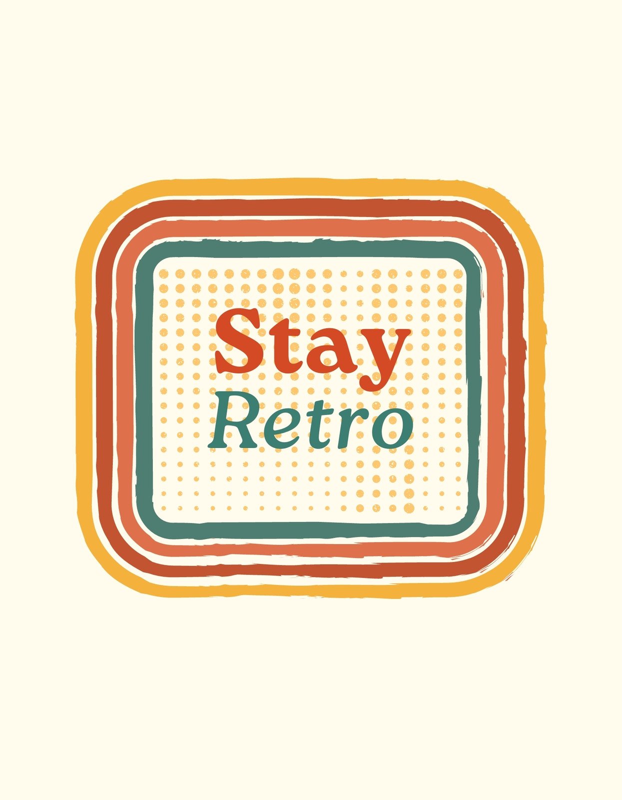 Egy dinamikus, retro dizájnos grafika, amely a "Stay Retro" szöveget tartalmazza, vintage színekkel és pöttyös háttérrel.