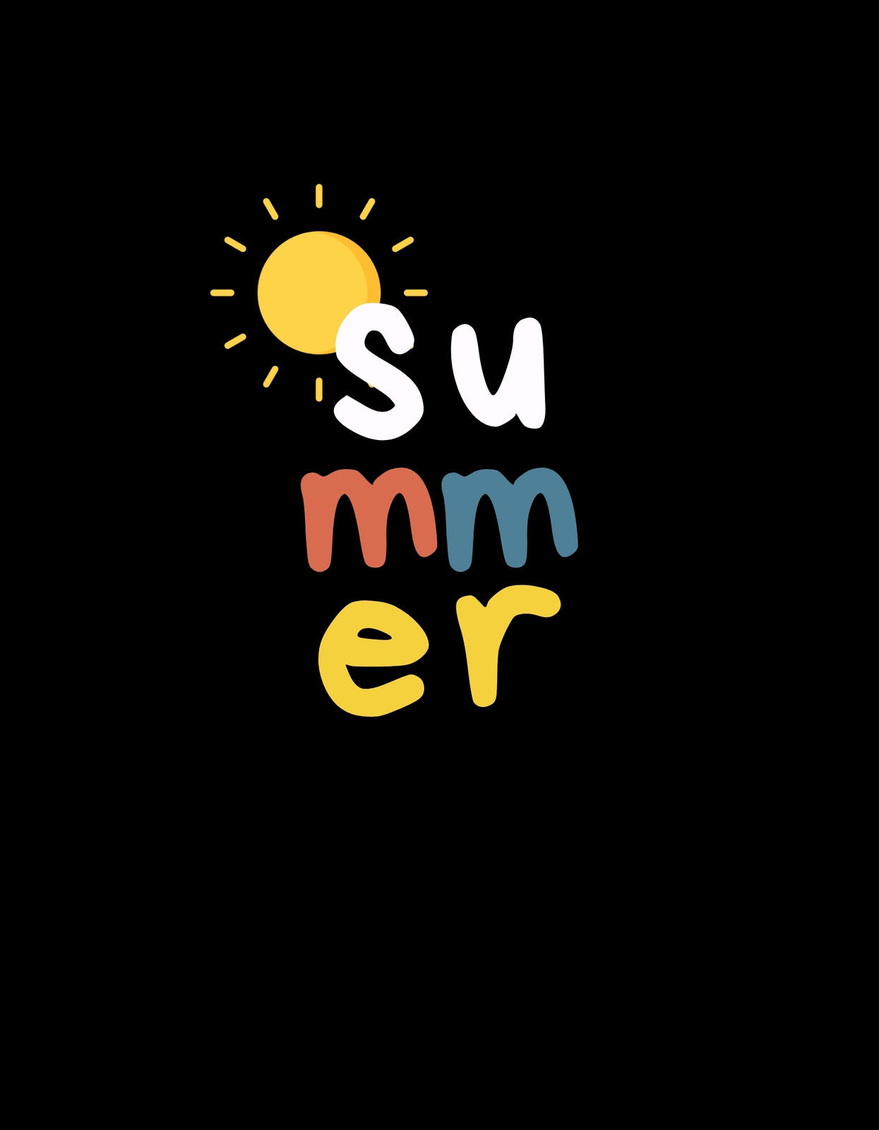 Az ábrán a "Summer" felirat látható, melyet színes betűk és egy ragyogó nap tesz vidámmá, megidézve a nyári napfényt és a vidámságot.