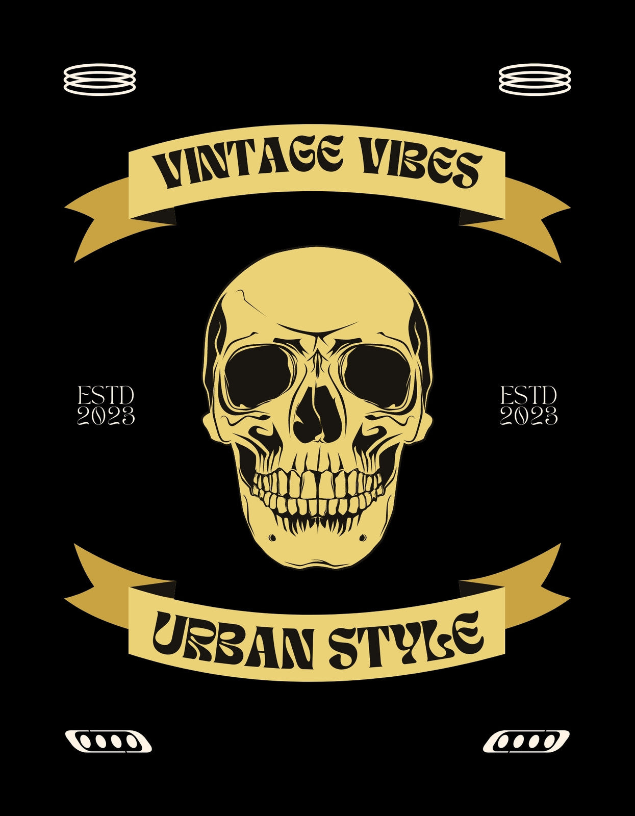 Egy aranyszínű koponya és szalagok dominálják ezt a tervezést fekete háttéren, "VINTAGE VIBES" és "URBAN STYLE" feliratokkal, ami erős, letisztult érzetet kelt.