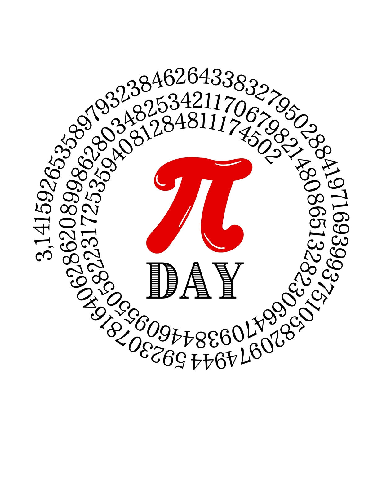 Ez az ötletes grafika a matematikai π szimbólumot ábrázolja piros színben, körbevéve a π első több tucat tizedesjegyével egy spirál formájában, "DAY" felirattal kiegészülve.