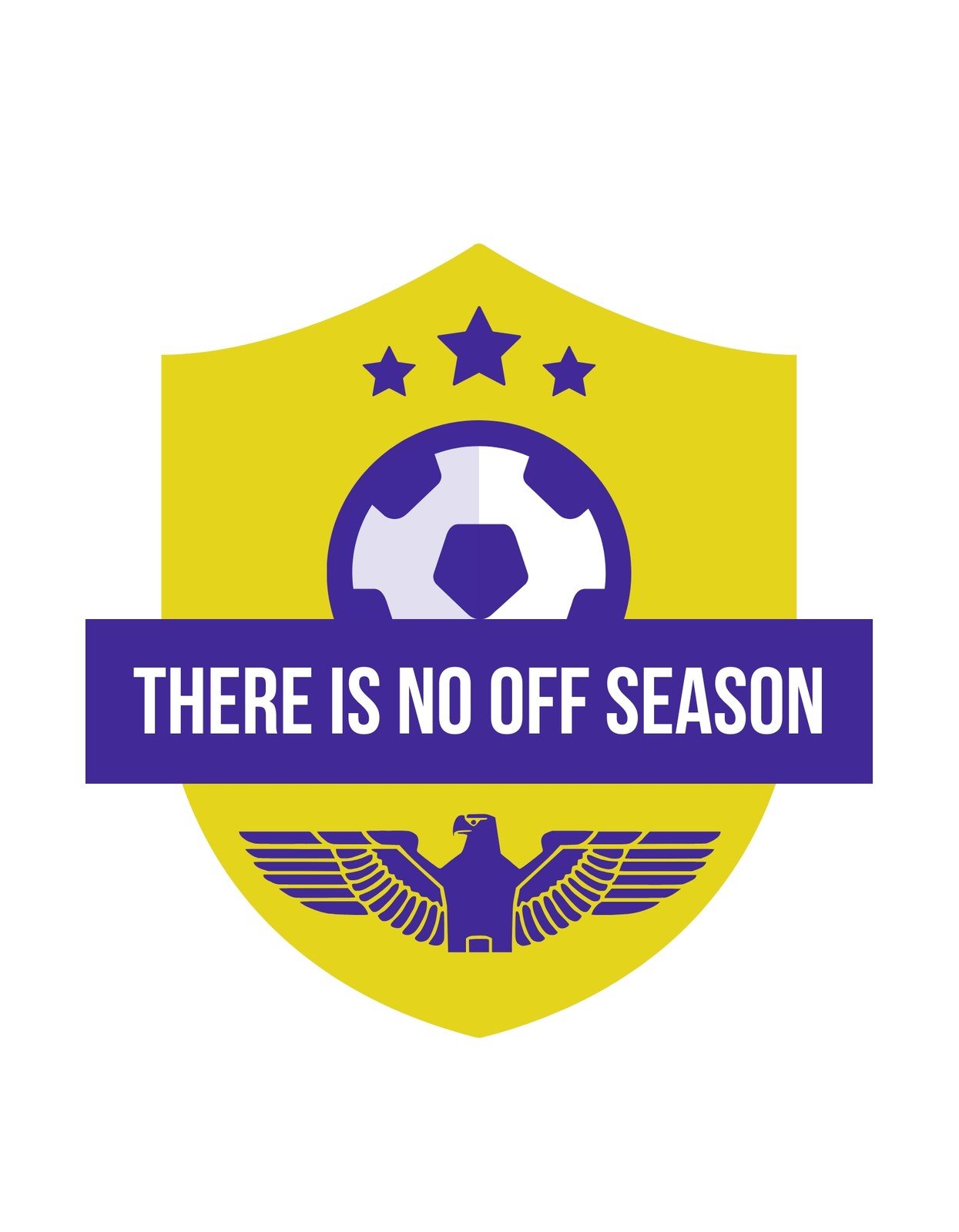 A képen egy sárga és lila sportos embléma látható, amely középpontjában egy focilabdát, három csillagot és egy sast ábrázol, a "THERE IS NO OFF SEASON" felirattal.