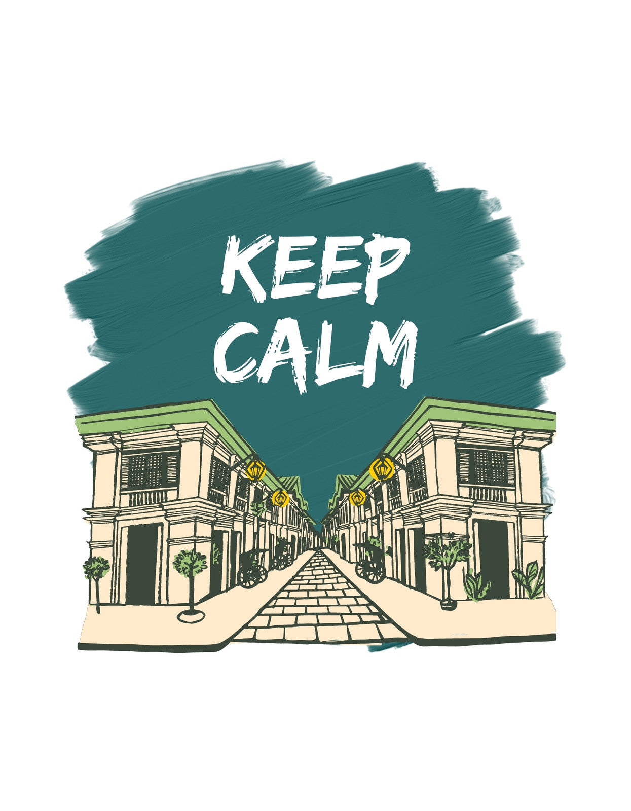 Egy festői utcaképet ábrázoló grafika, felette "KEEP CALM" felirattal, ami egy kellemes, nyugodt atmoszférát sugároz.
