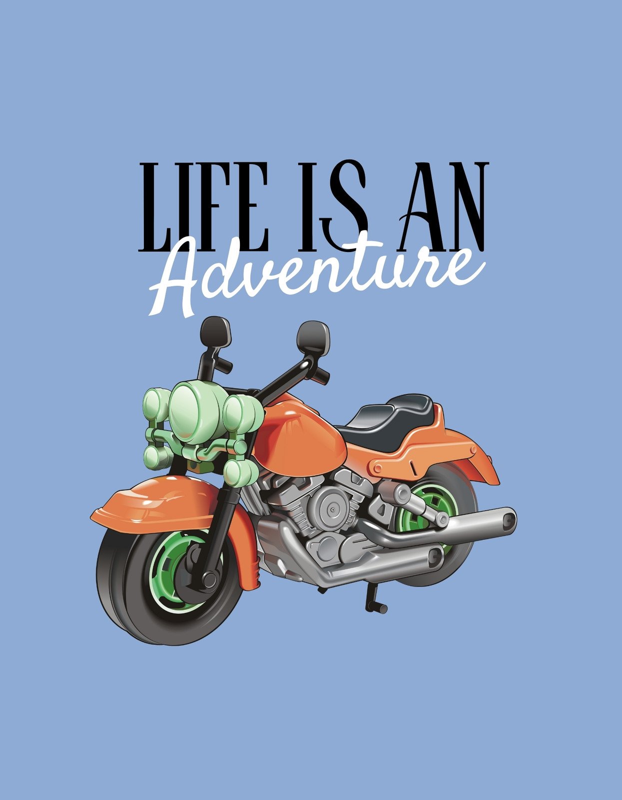 Egy narancssárga motorkerékpár, alatta a "LIFE IS AN ADVENTURE" felirattal, mely az utazás és szabadság érzetét közvetíti.