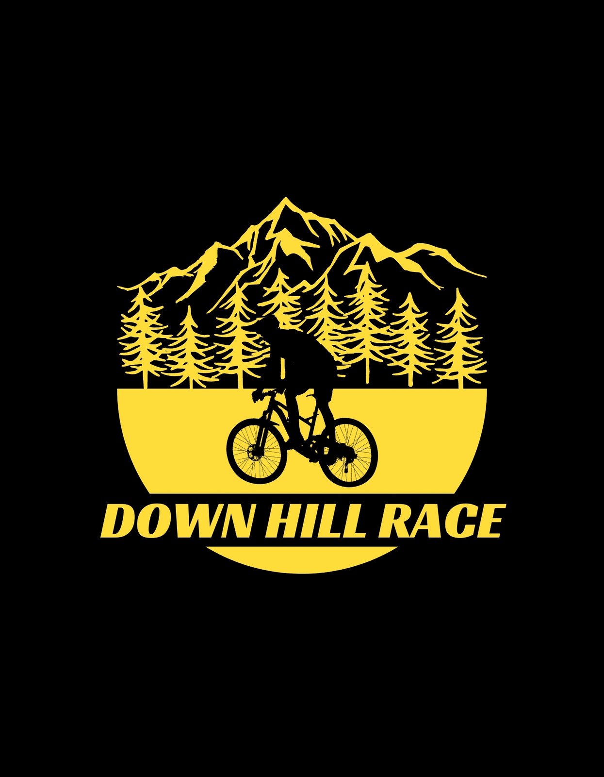Egy hegyi kerékpáros meredek lejtőn suhan lefelé egy erdő és hegyek kontúrjai között, a "DOWN HILL RACE" felirattal az alján.