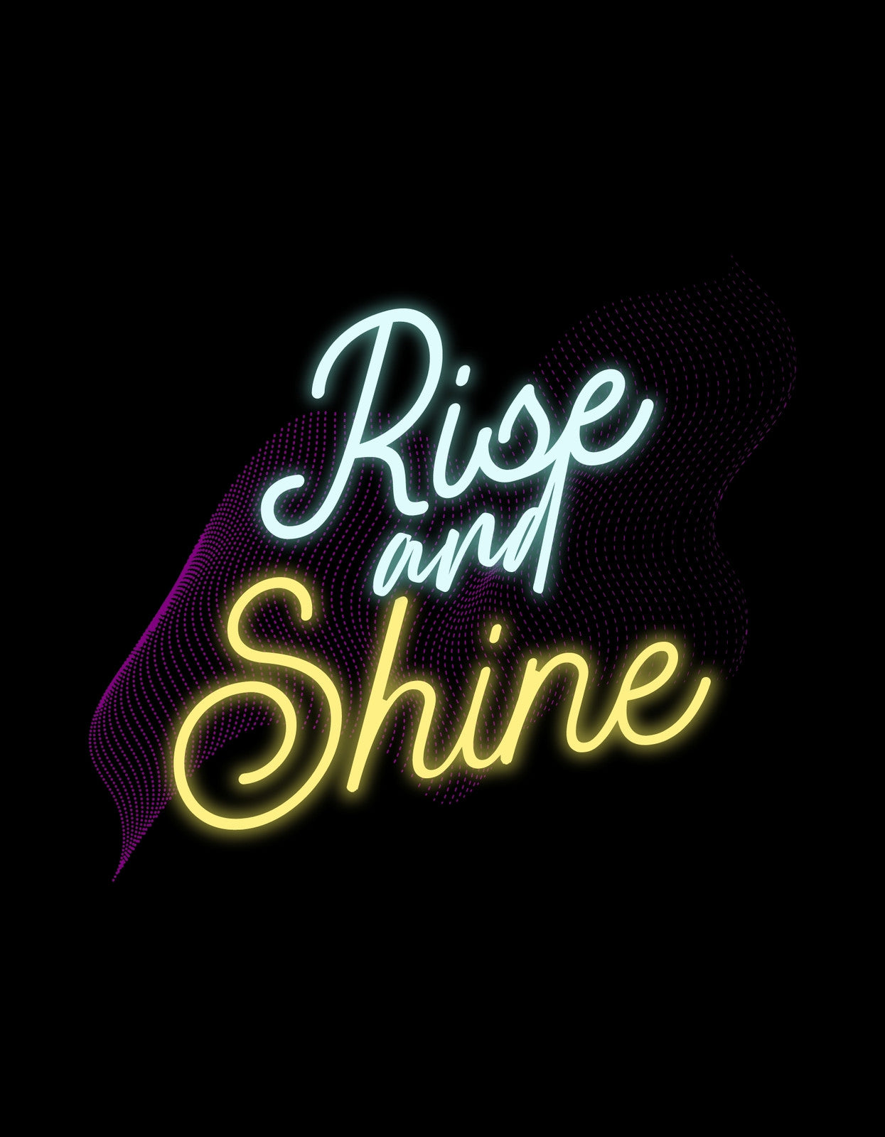 Egy energikus és inspiráló dizájn, ami a "Rise and Shine" kifejezést ábrázolja fénylő, neon stílusú betűkkel, amit egy színes, hullámos mintázat vesz körbe a sötét háttér előtt.