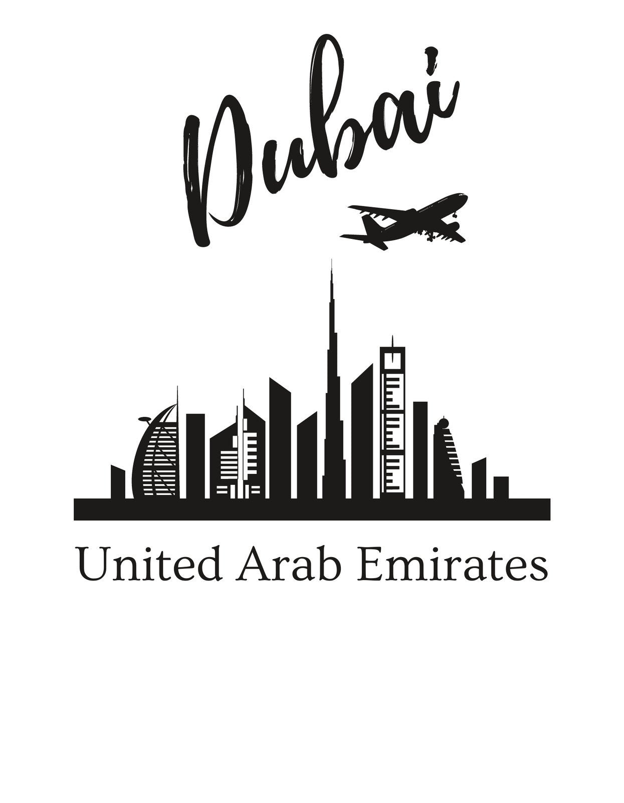 Dubai városának sziluettjét ábrázoló grafika, mely elegáns, kézzel írott stílusban mutatja be a "Dubai" feliratot, egy repülőgéppel a magasban, az Egyesült Arab Emírségek aláírással.