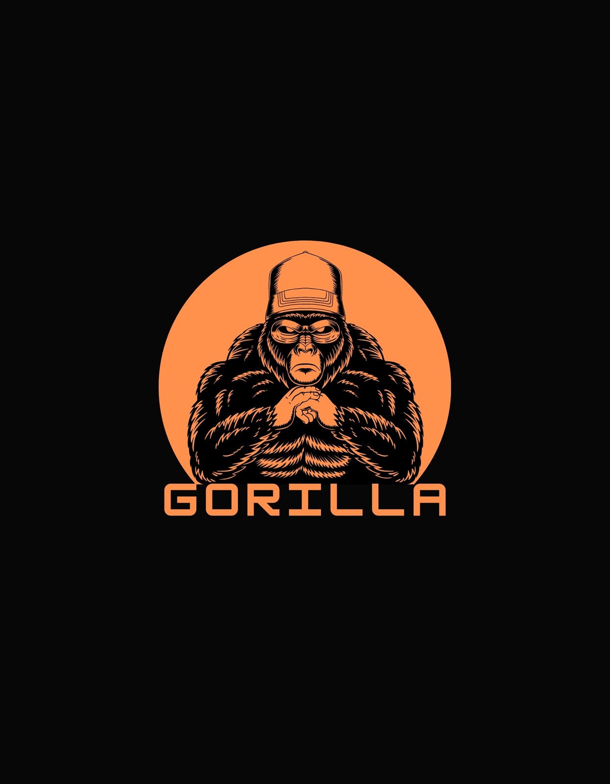 Egy komoly tekintetű gorilla ábrázolása narancssárga háttéren, sapkában, összekulcsolt kezekkel, a vadon és az utcai stílus keveredésével.