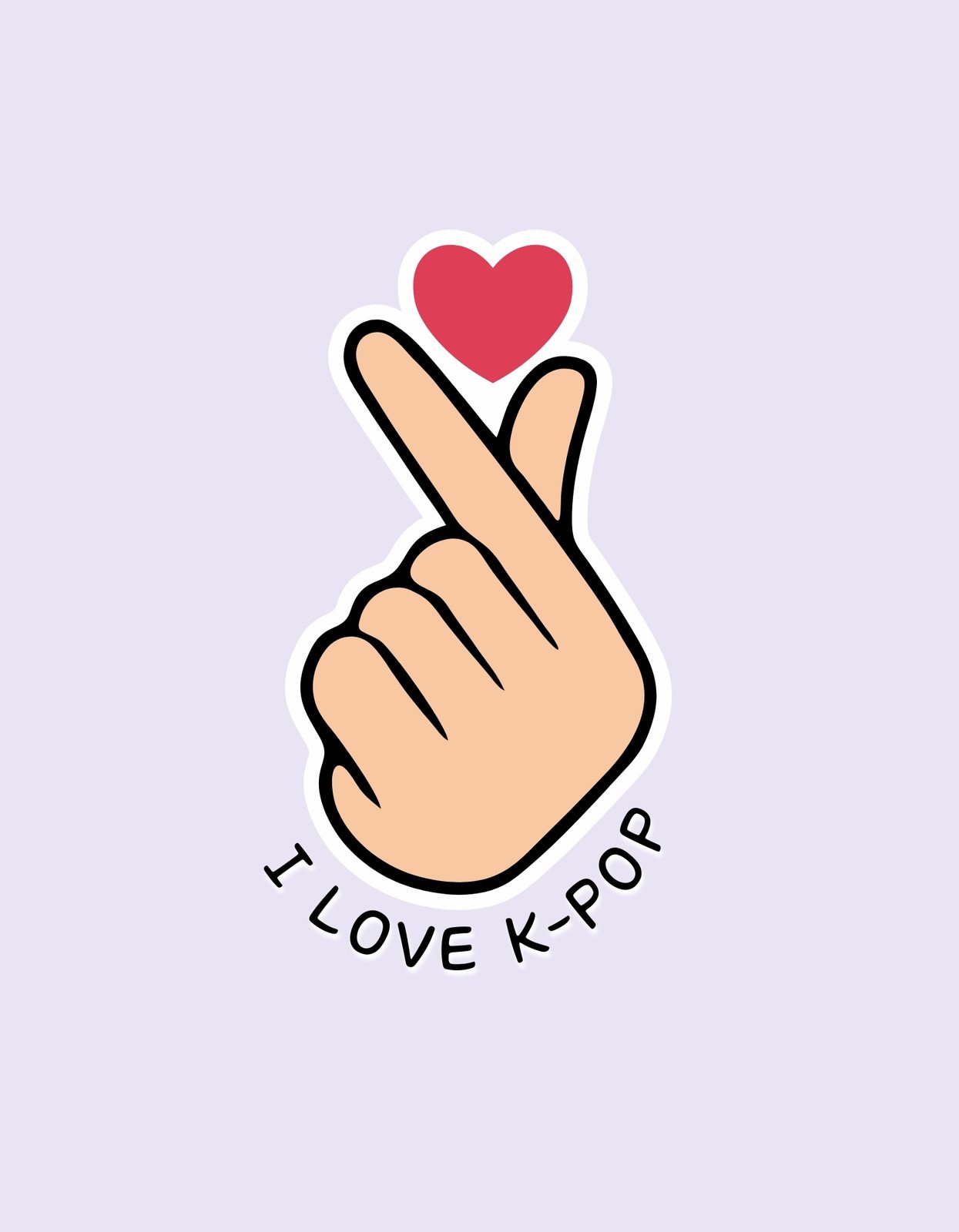 Egy kéz szívjel formájában, piros szívvel az ujjak között és "I LOVE K-POP" felirattal.