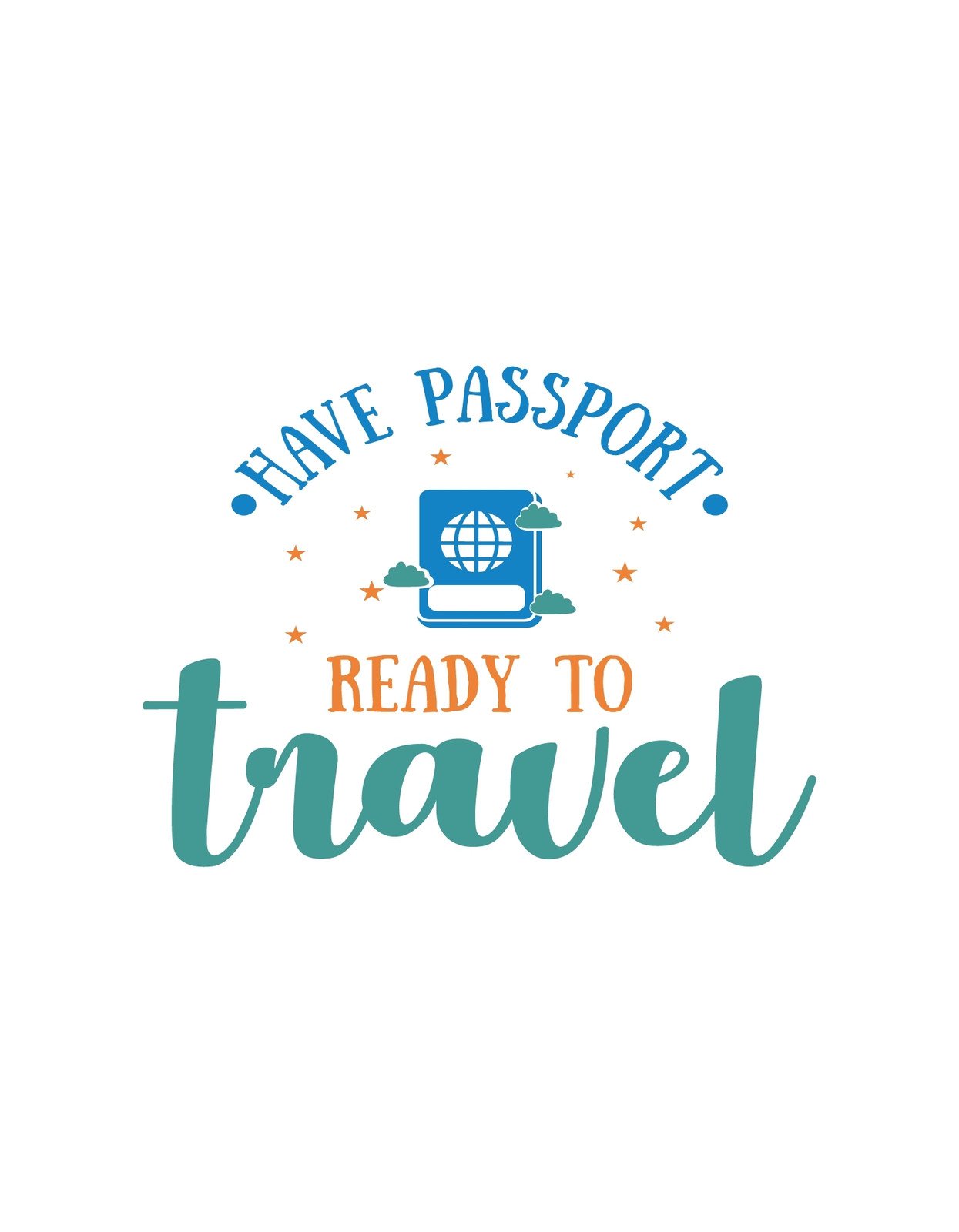 Egy utazási kedvet ösztönző grafika, amelyen egy útlevél és a "Ready to Travel" felirat látható, körben csillagokkal és felhőkkel díszítve.