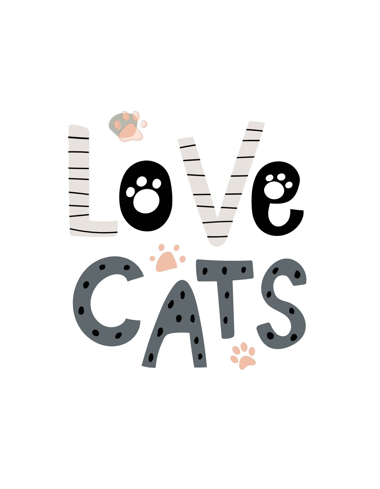 A képen a "LOVE" szó látható, ahol az "O" betűt egy macskamancs képviseli, az "E" betű pedig a "CATS" szóban folytatódik, szintén macskamancs motívummal díszítve.